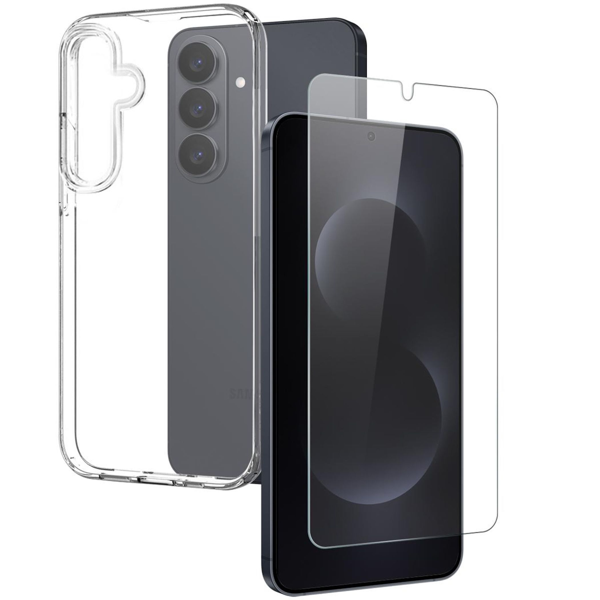 Ein Smartphone mit Kameralinsen, einer Schutzfolie und einer transparenten Hülle.
