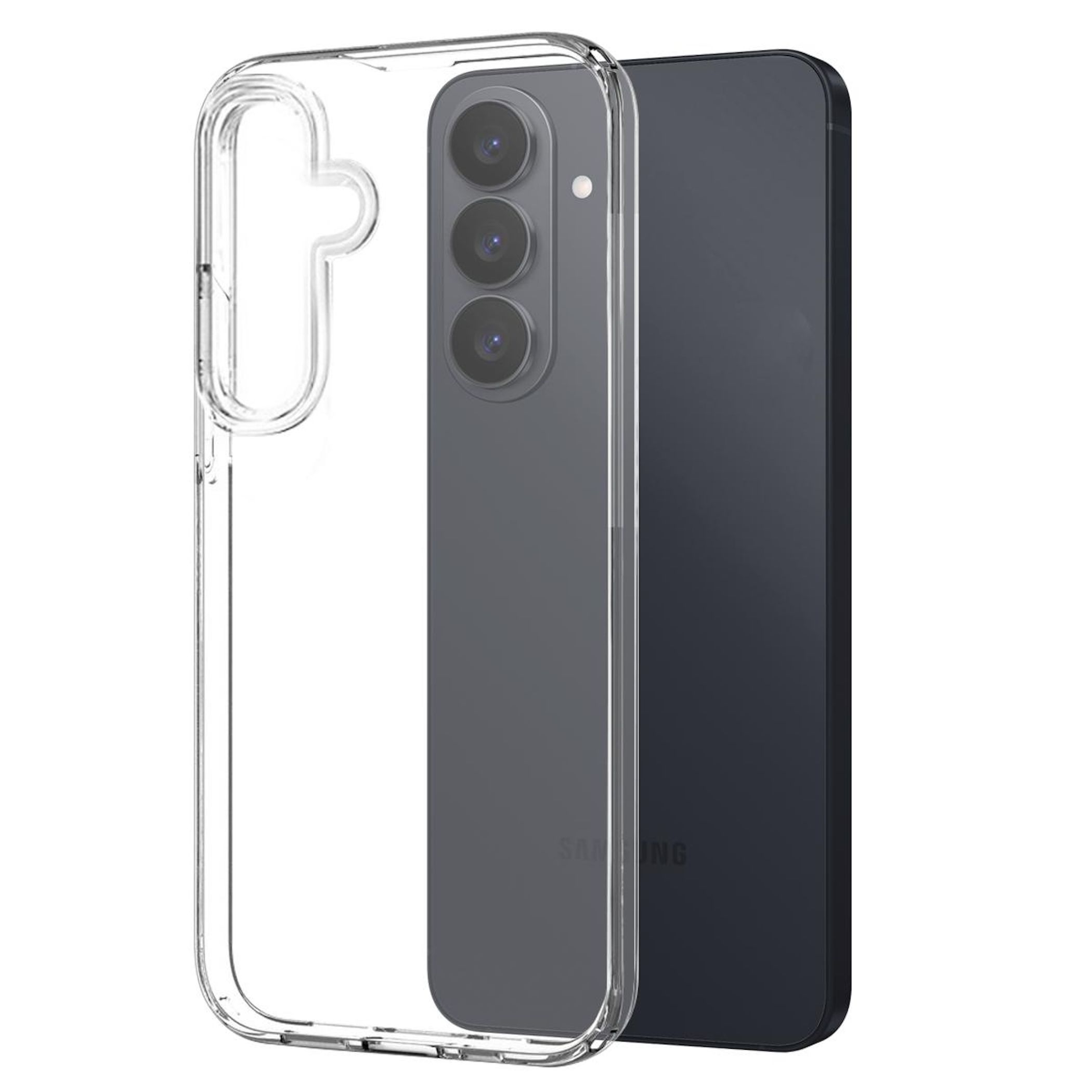 Transparente Handyhülle über einem dunklen Smartphone mit drei Kameras.