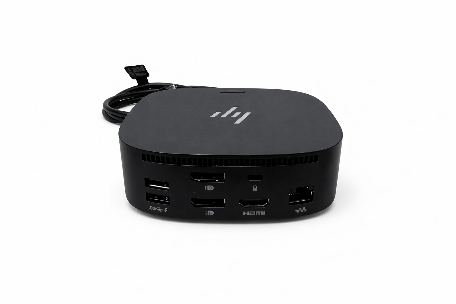 Schwarzer HP Docking-Hub mit Anschlüssen wie USB, HDMI und Ethernet.