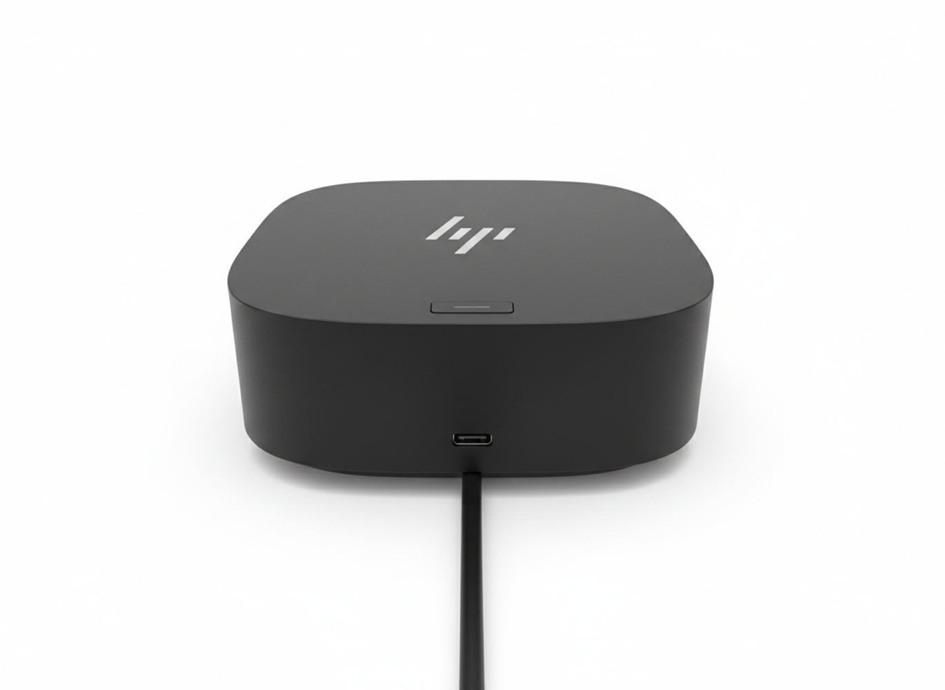 Schwarzer HP Docking-Hub mit Logo und USB-C-Anschluss, auf weißem Hintergrund.