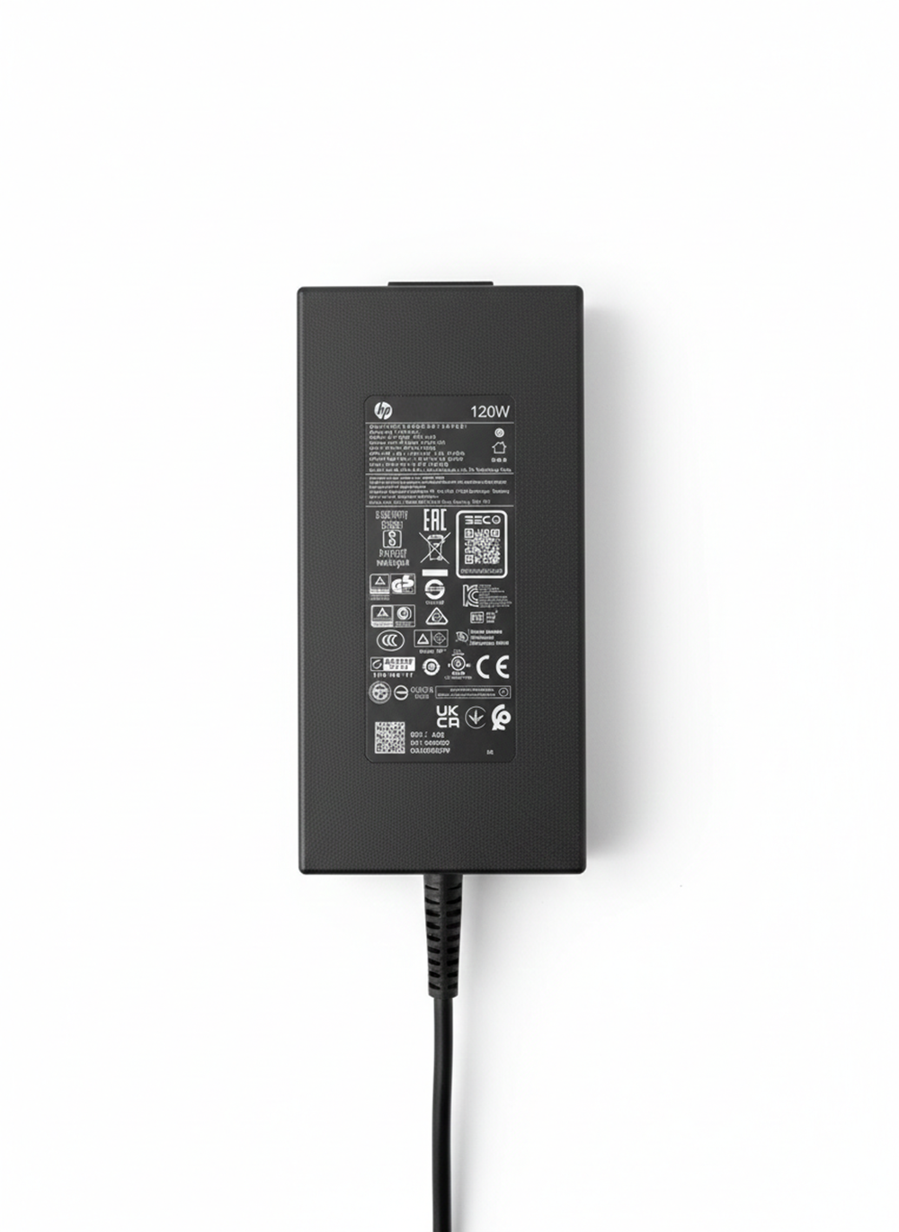 Schwarzes HP Netzteil mit 120W Leistung, auf weißem Hintergrund.