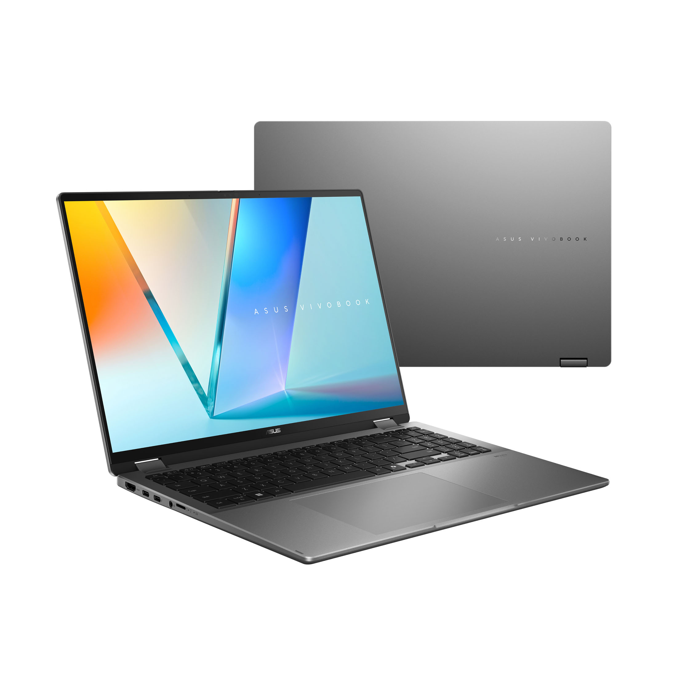Ein geöffneter grauer Asus Vivobook Laptop mit farbigem Bildschirmhintergrund.