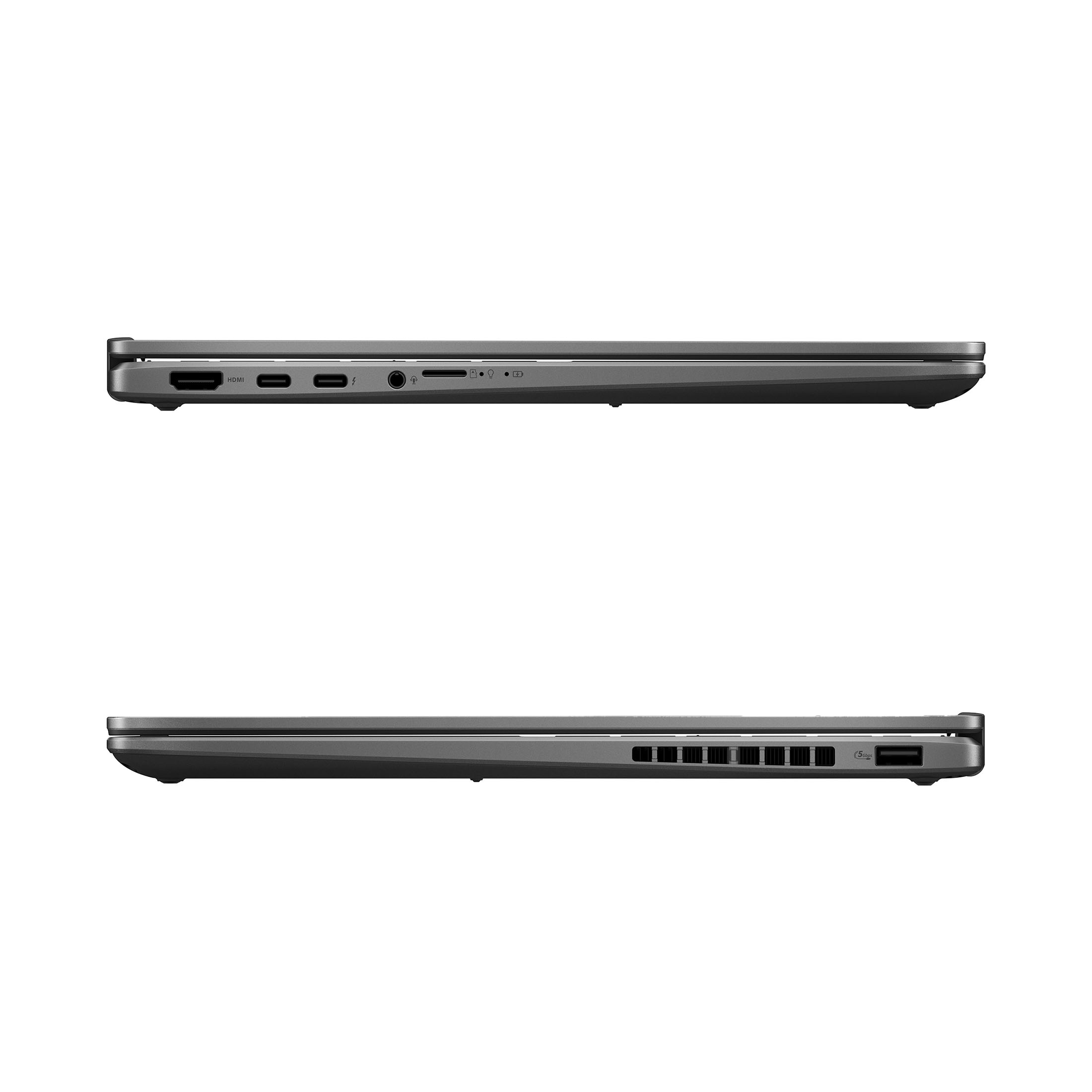 Grauer Laptop von der Seite mit Anschlüssen: HDMI, USB-C, Audio, SD-Karte, Netzteil.
