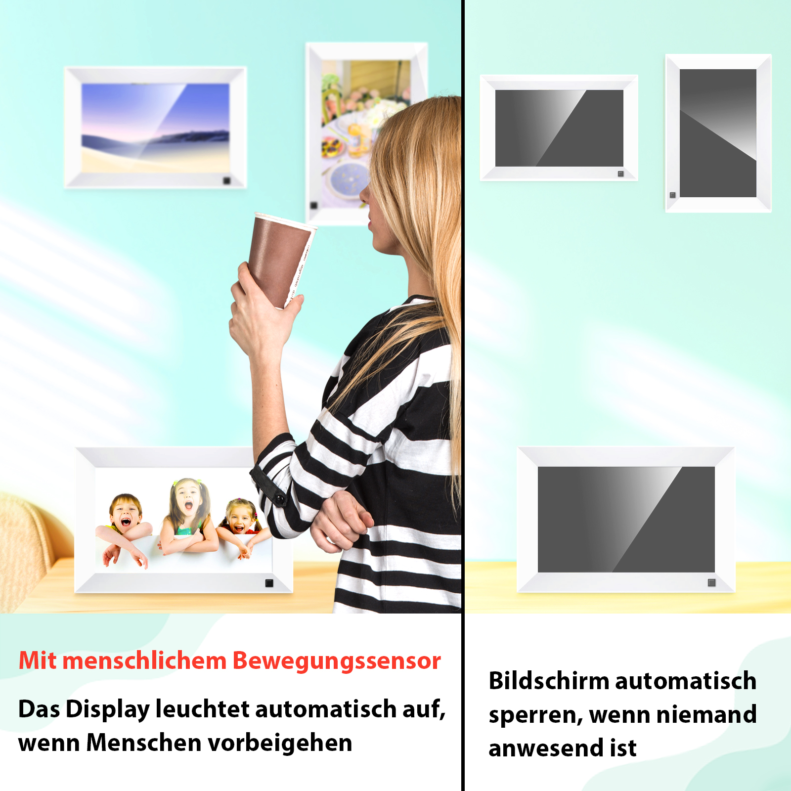 Frau hält Tasse, digitale Bilderrahmen zeigen Kinder und Landschaften.
