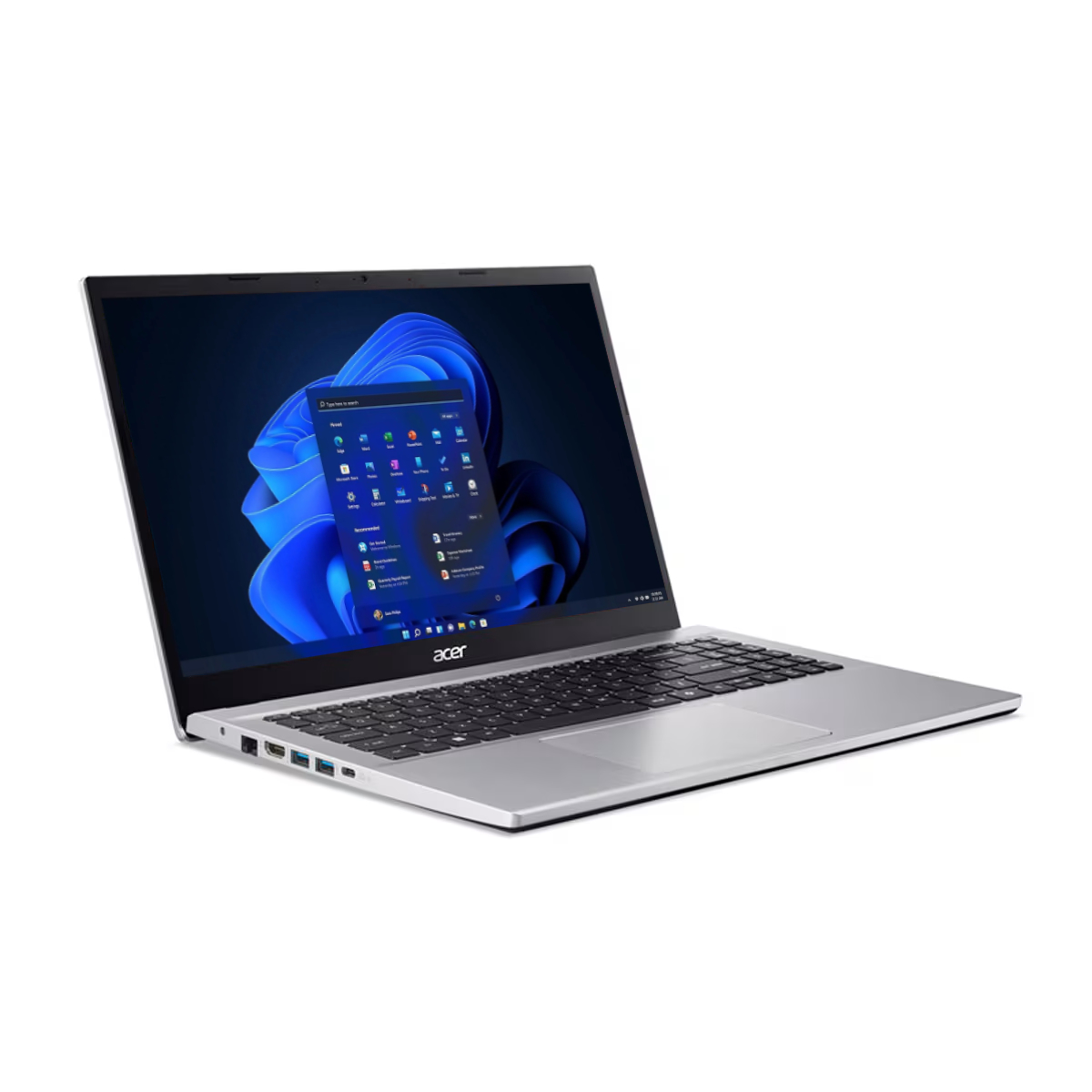 Ein silberner Acer Laptop mit geöffnetem Bildschirm, der Windows 11 zeigt.