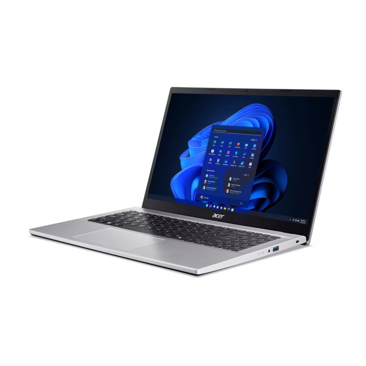 Ein silberner Acer Laptop mit Windows 11 auf dem Bildschirm, auf weißem Hintergrund.