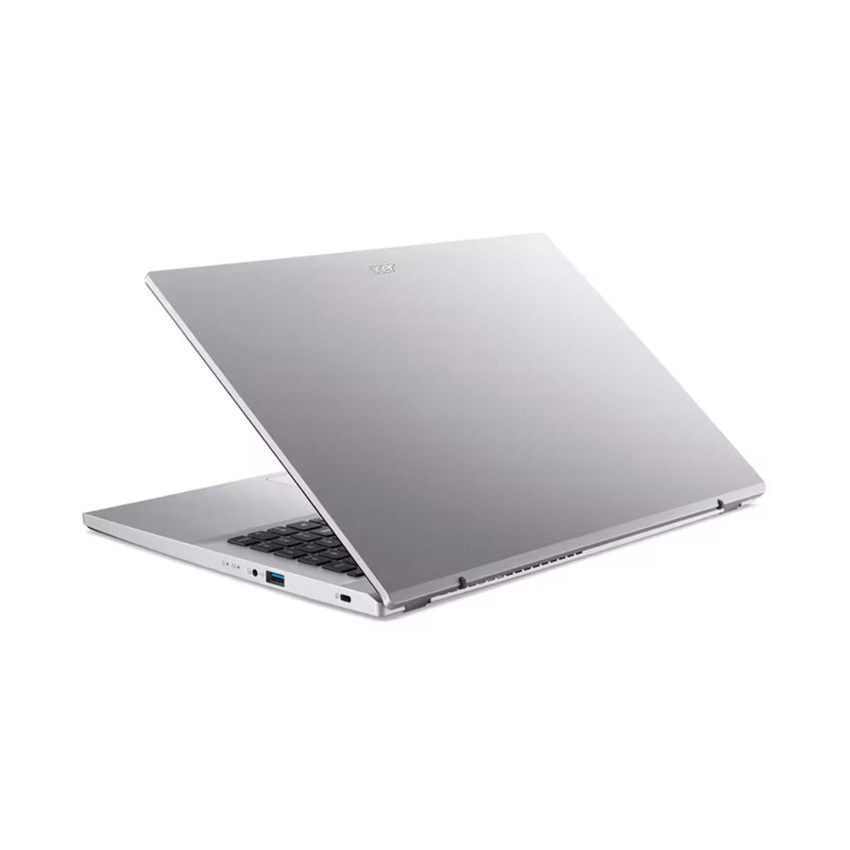 Ein silberner Laptop mit geöffnetem Deckel und Tastatur.