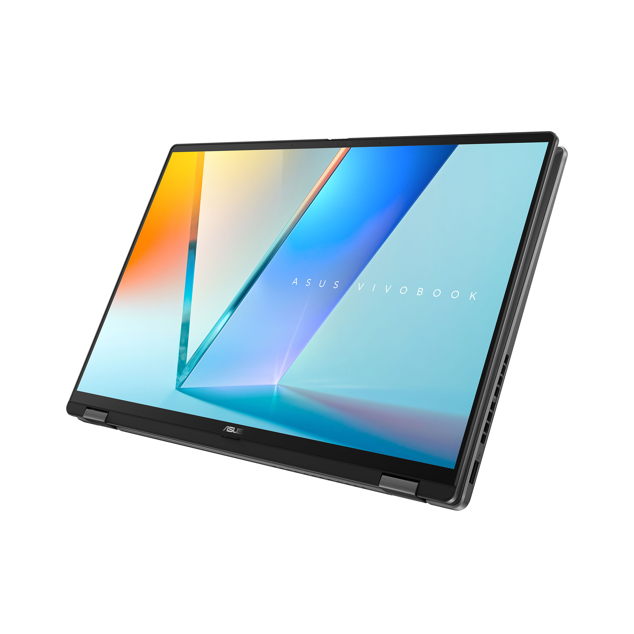 Ein graues Asus VivoBook Convertible Laptop, aufgeschlagen, mit buntem Hintergrund.