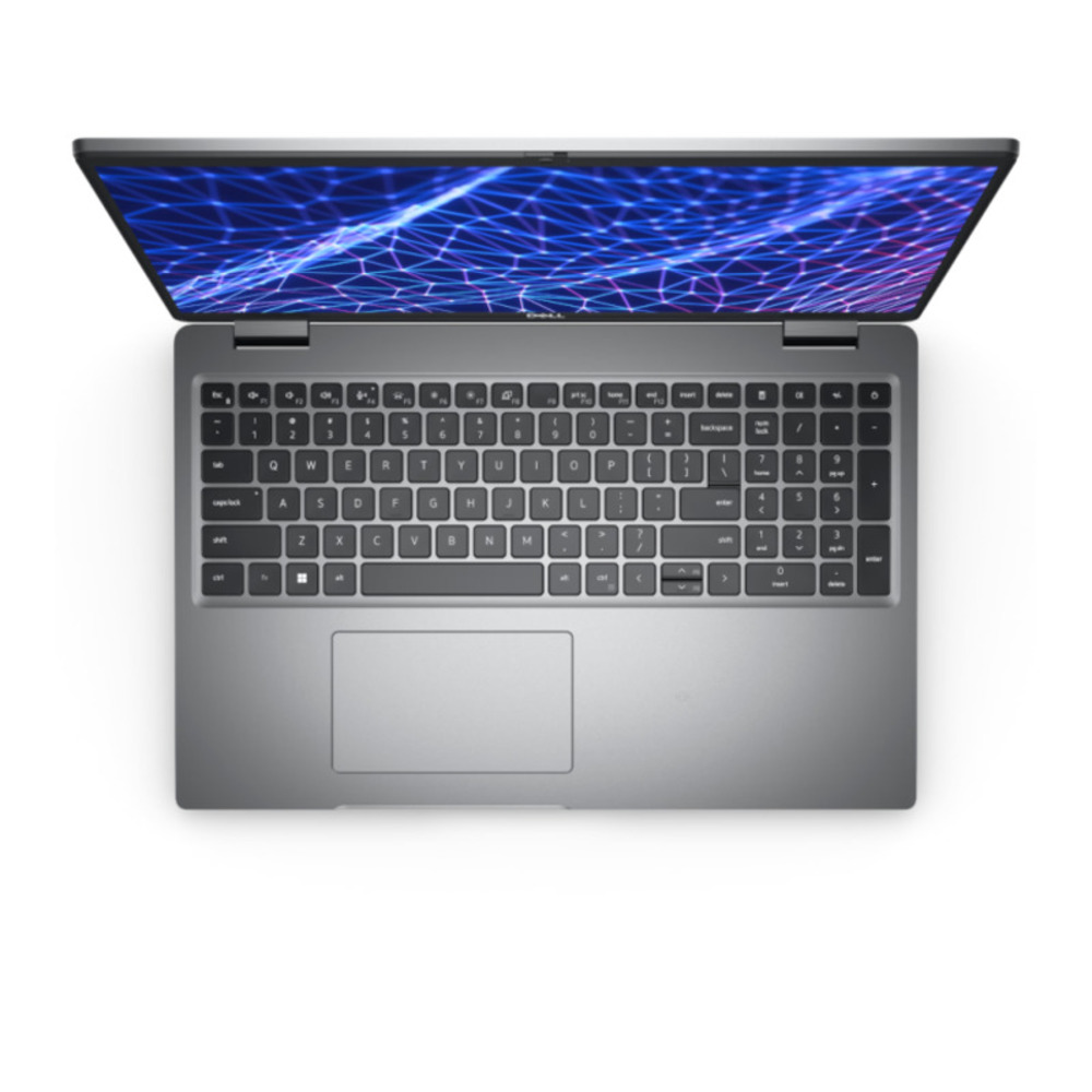 Otwarty srebrny laptop z niebieskim, sieciowym wzorem na ekranie.