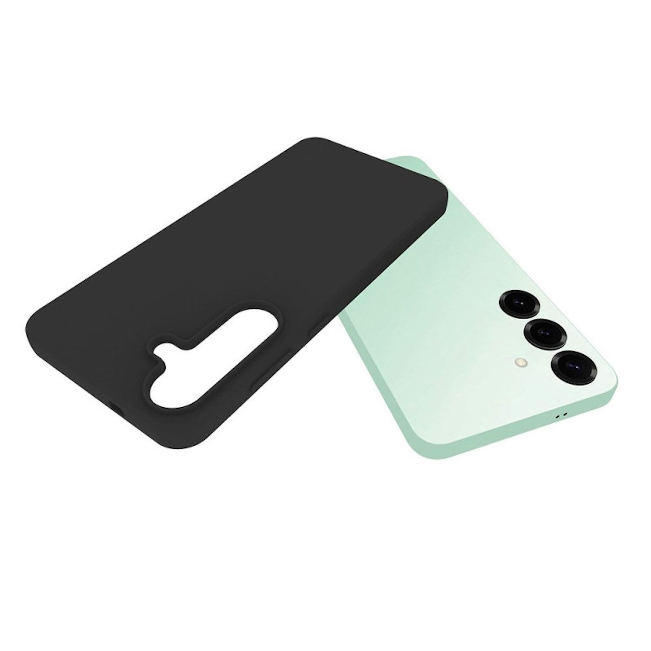 Schwarze Handyhülle liegt neben einem mintgrünen Smartphone mit drei Kameras.