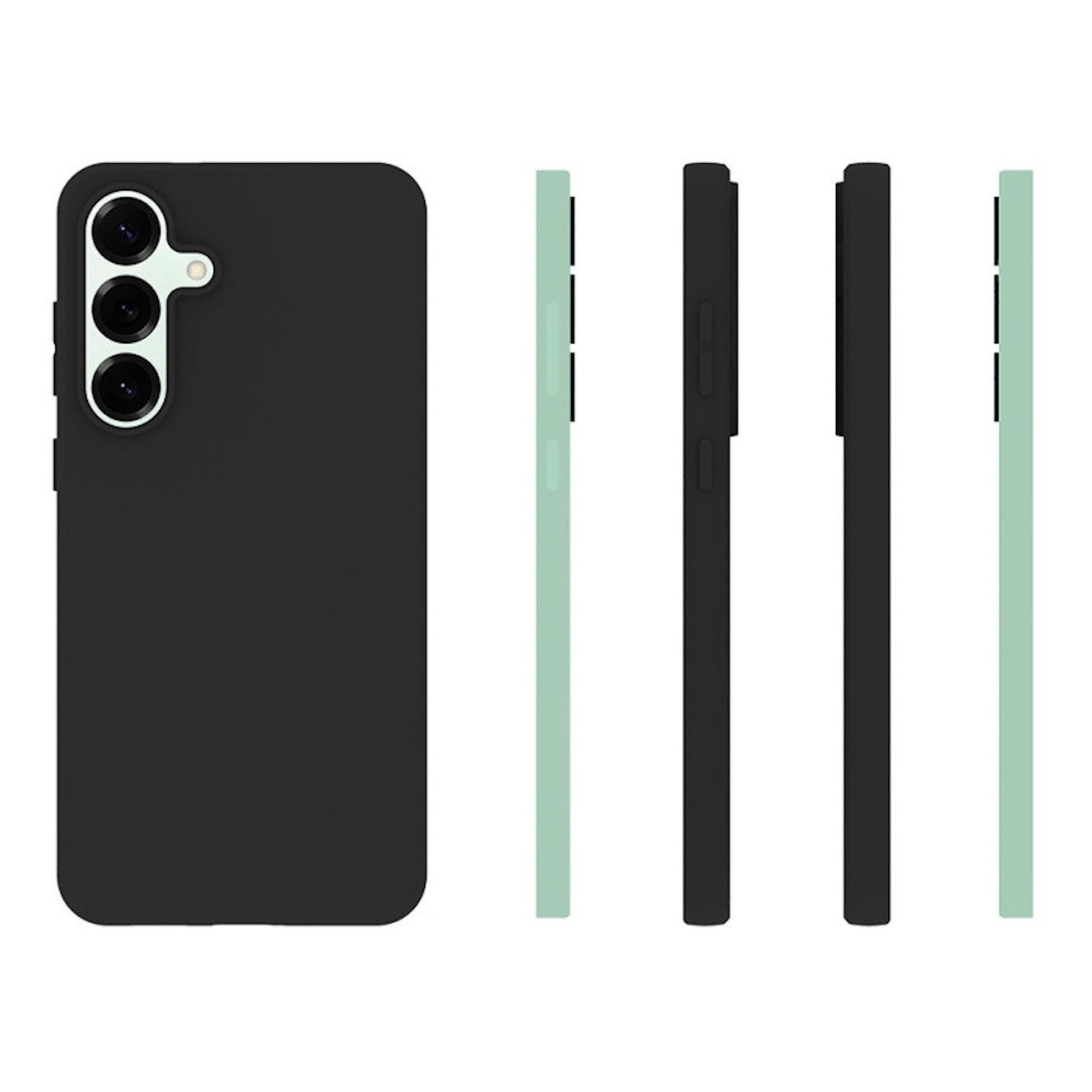 Ein schwarzes Handycover neben drei schmalen Handycovers in Mintgrün und Schwarz.