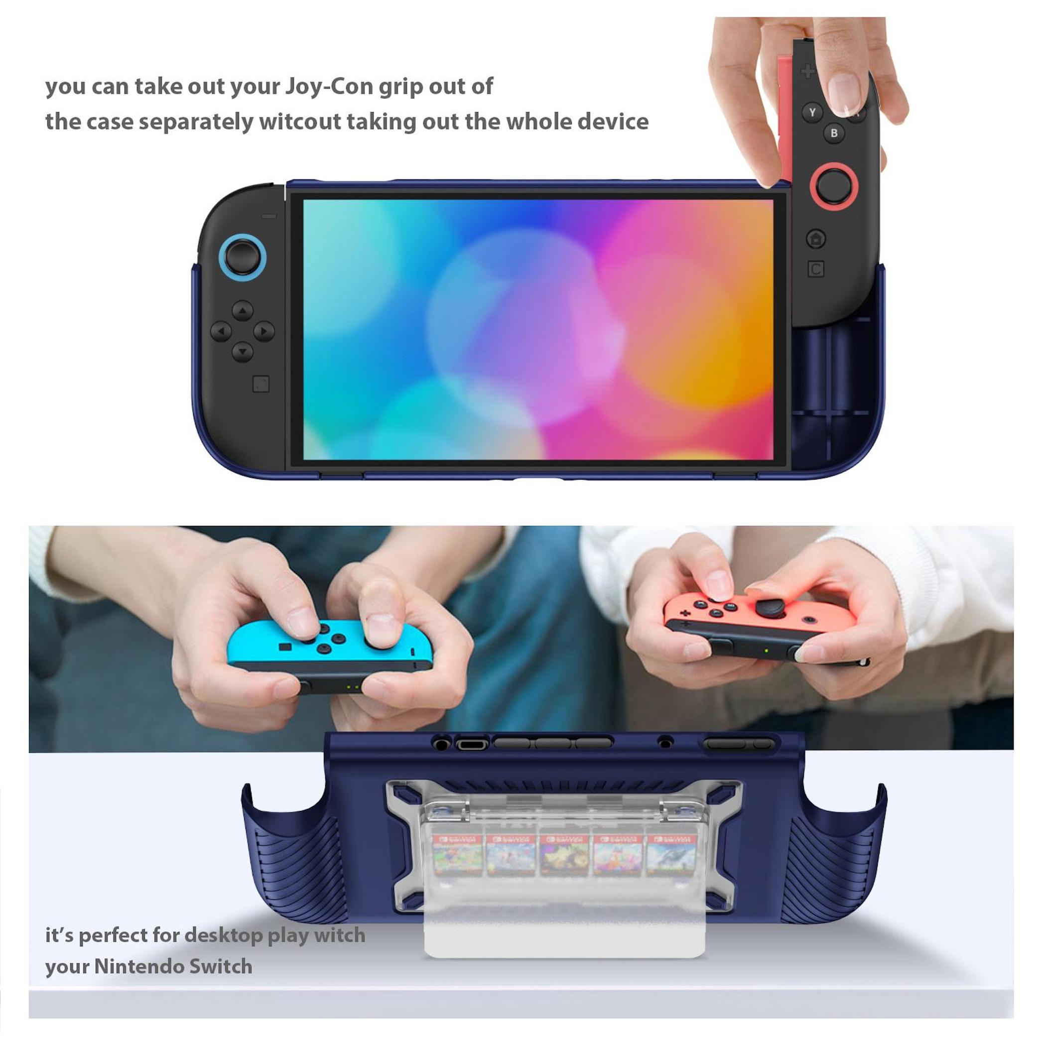 Nintendo Switch en funda azul, Joy-Cons separados; inferior muestra ranuras para juegos.