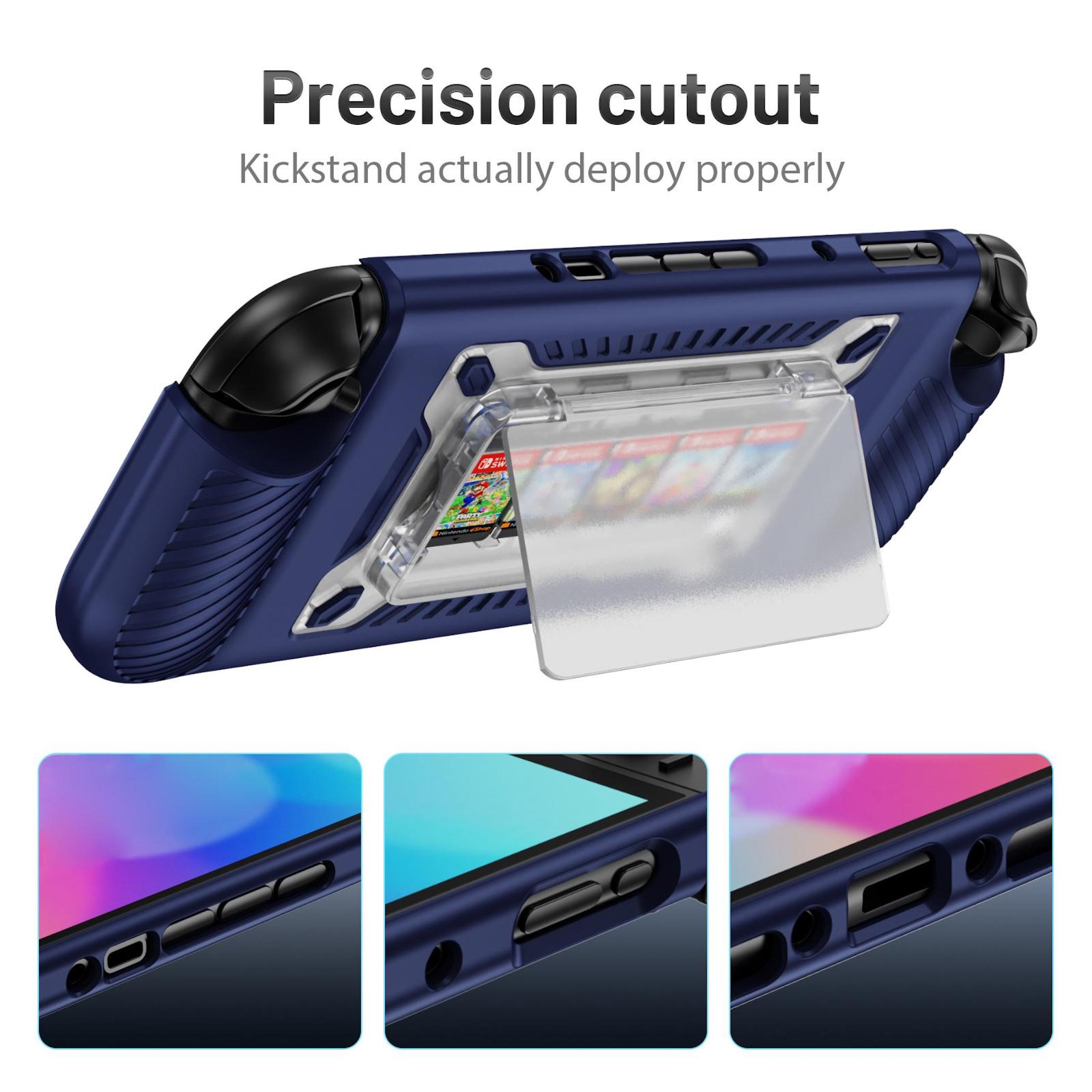 Funda protectora azul con soporte plegable para un Nintendo Switch.
