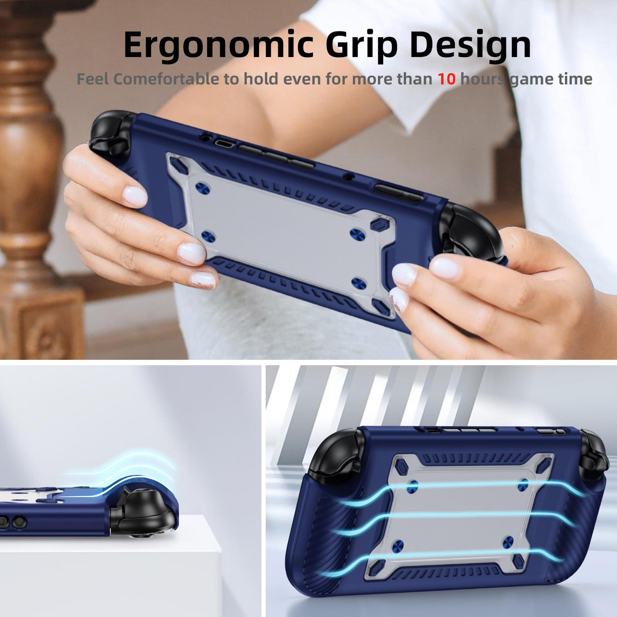 Diseño de agarre ergonómico para consola de juegos con ventilación.