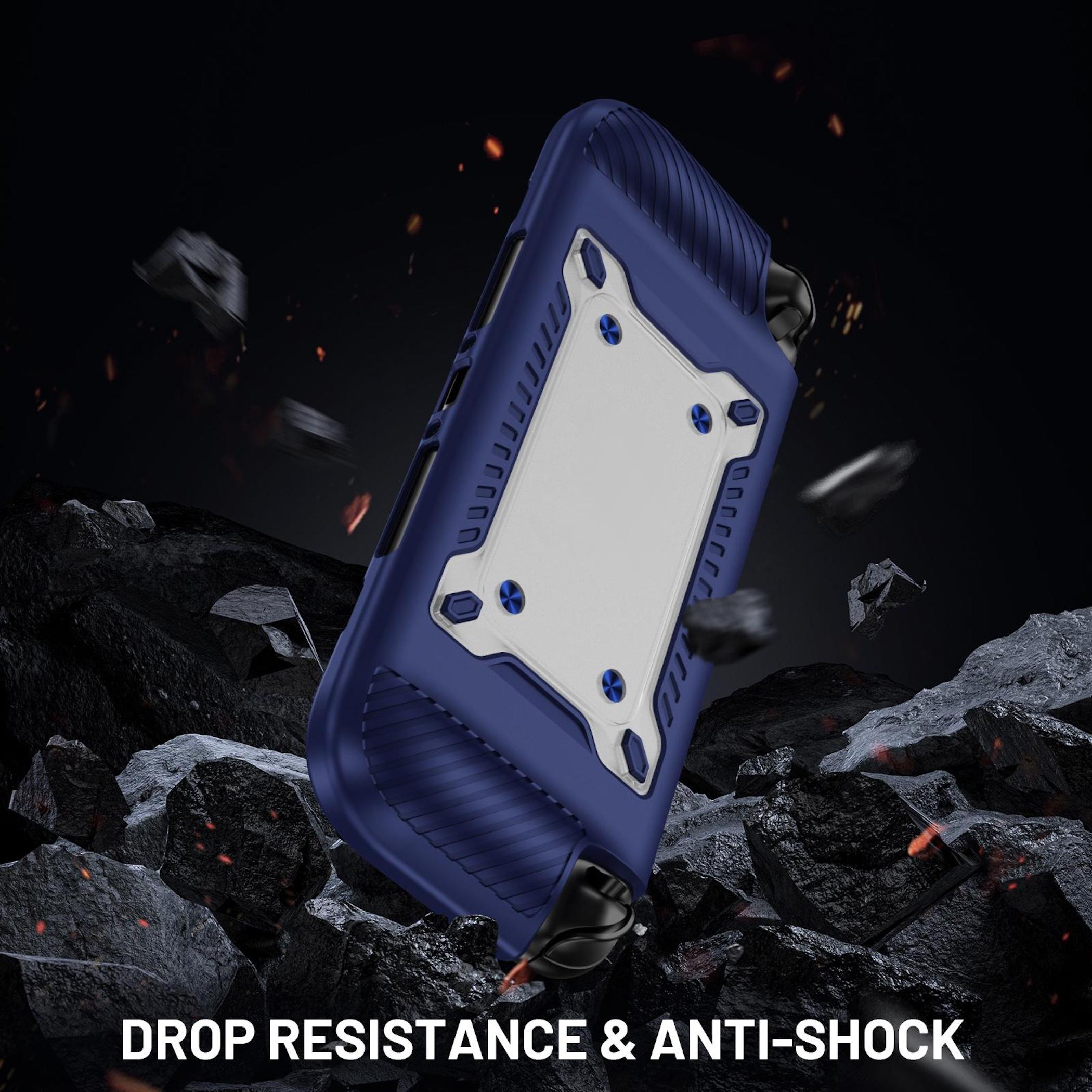Funda de teléfono azul resistente con inserción blanca, rodeada de rocas y chispas.