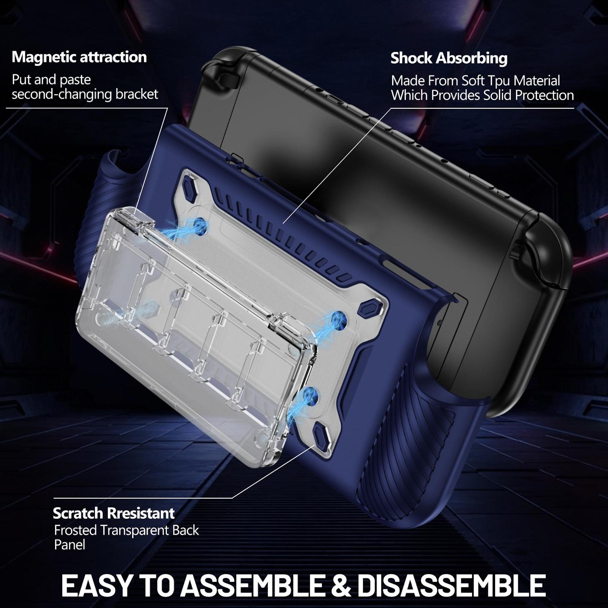 Una funda protectora azul con parte trasera transparente y soporte magnético.