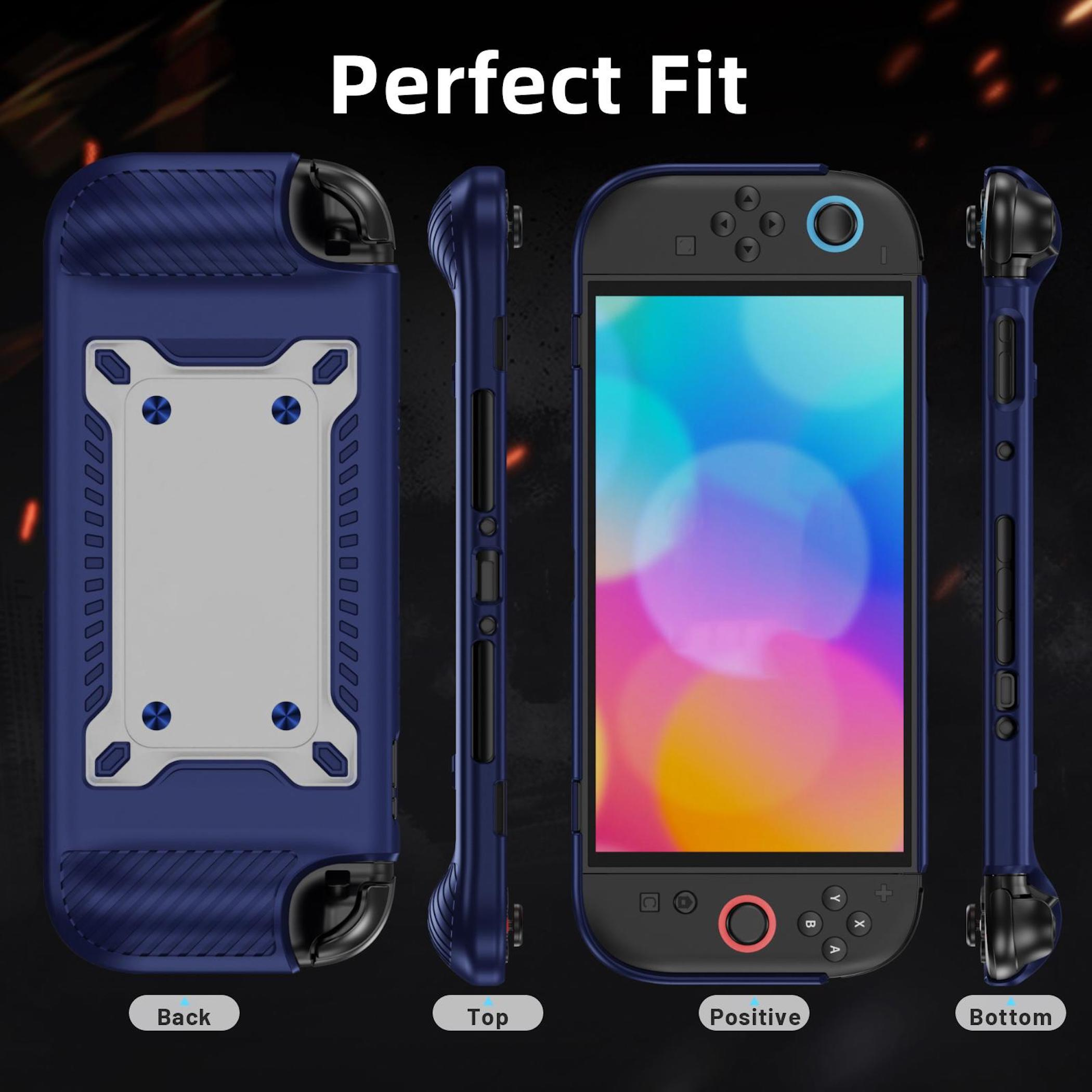 Se muestra una funda protectora azul para un dispositivo portátil desde todos los lados.