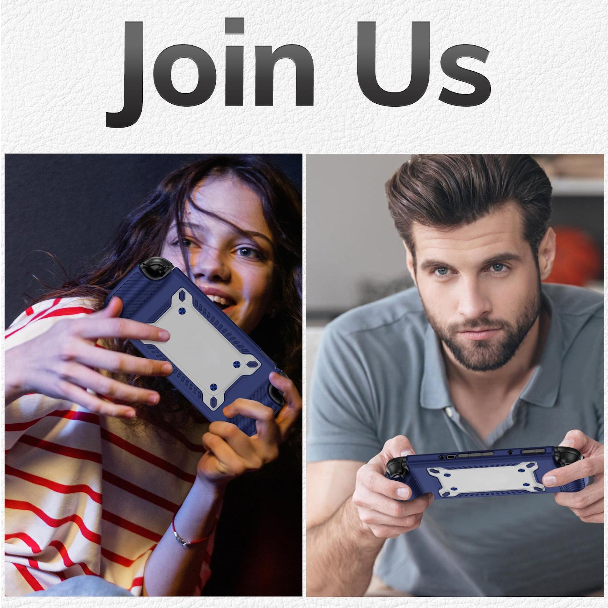 Hombre joven y niña sosteniendo un dispositivo de juego azul.