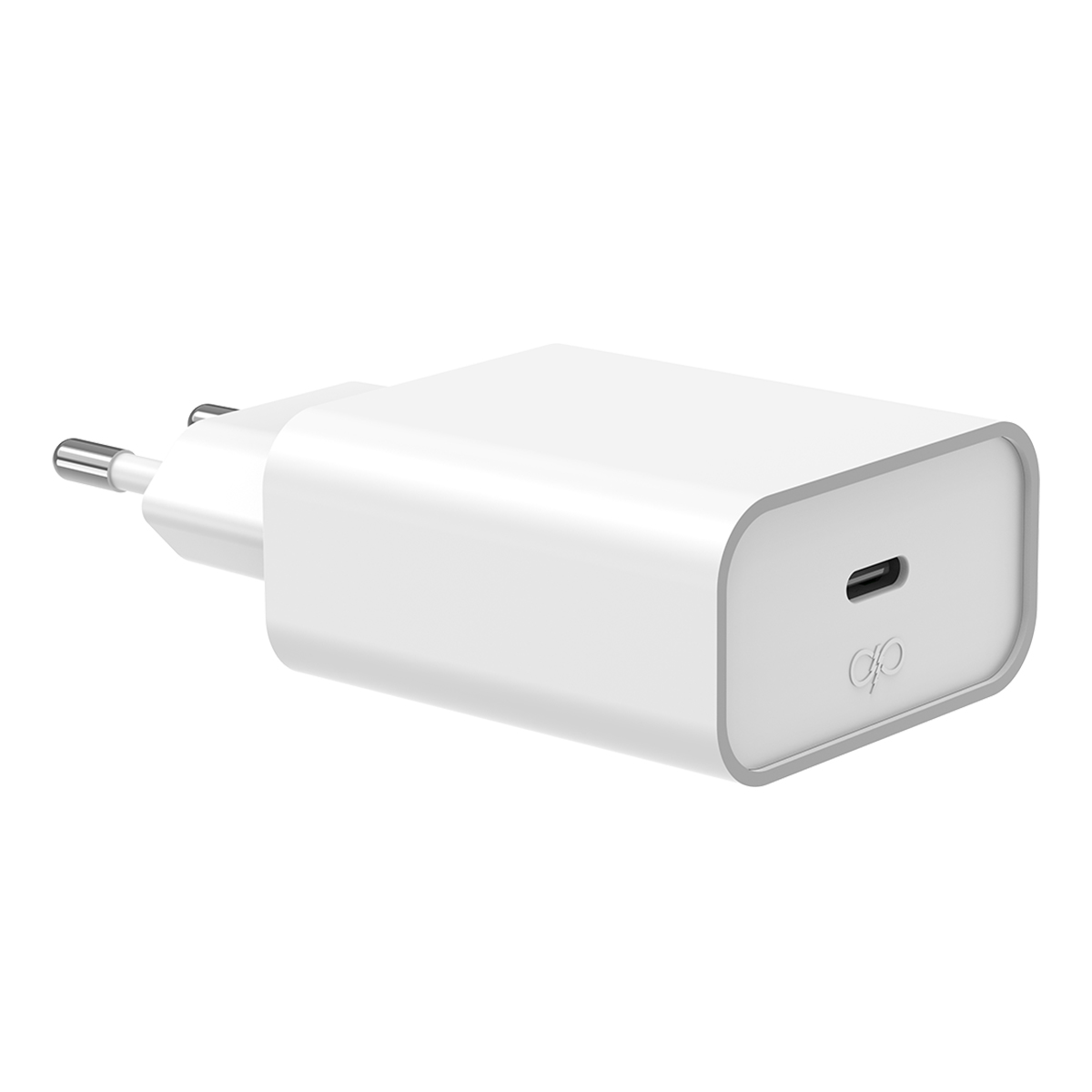 Un alimentatore USB-C bianco con due pin sul lato sinistro.