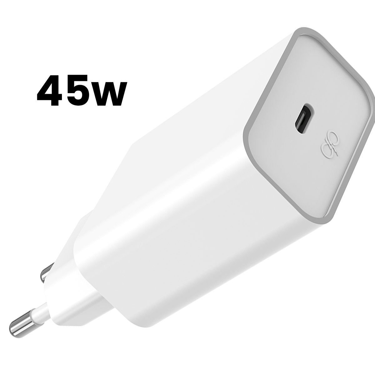 Caricatore bianco da 45W con porta USB-C e spina europea.