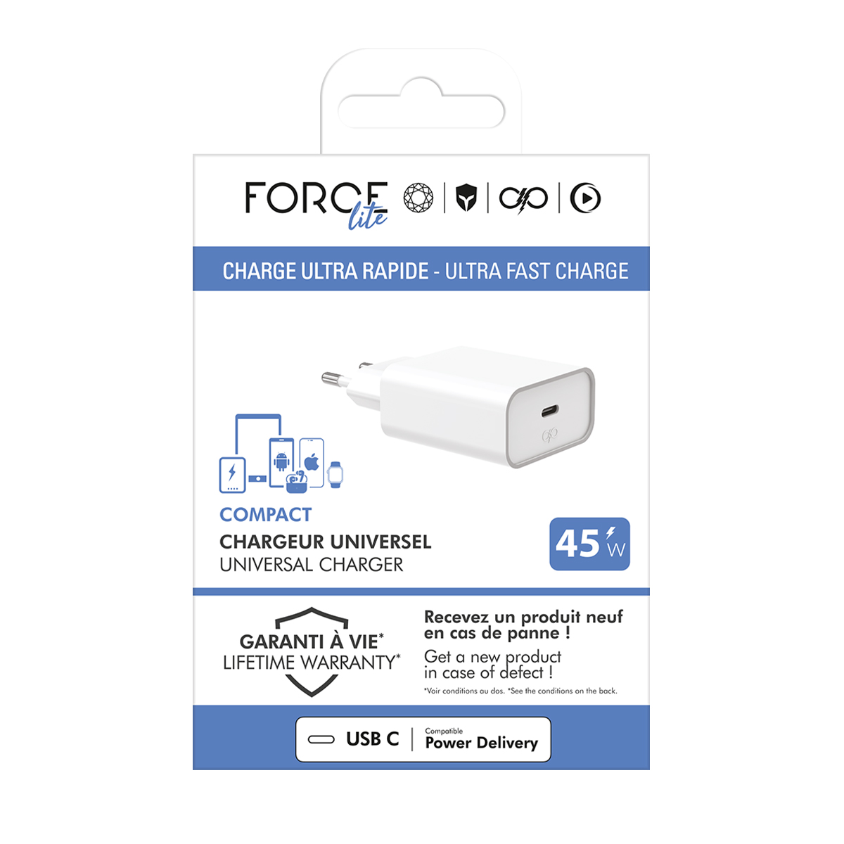 Confezione caricatore bianca con logo "FORCE lite", 45W, USB-C, Garanzia a vita.