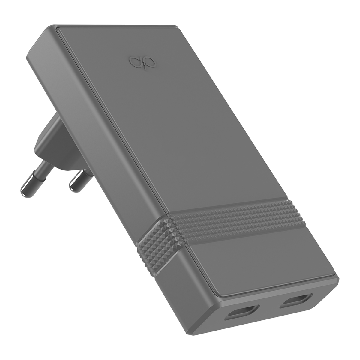 Adattatore di corrente grigio con due porte USB e un logo.