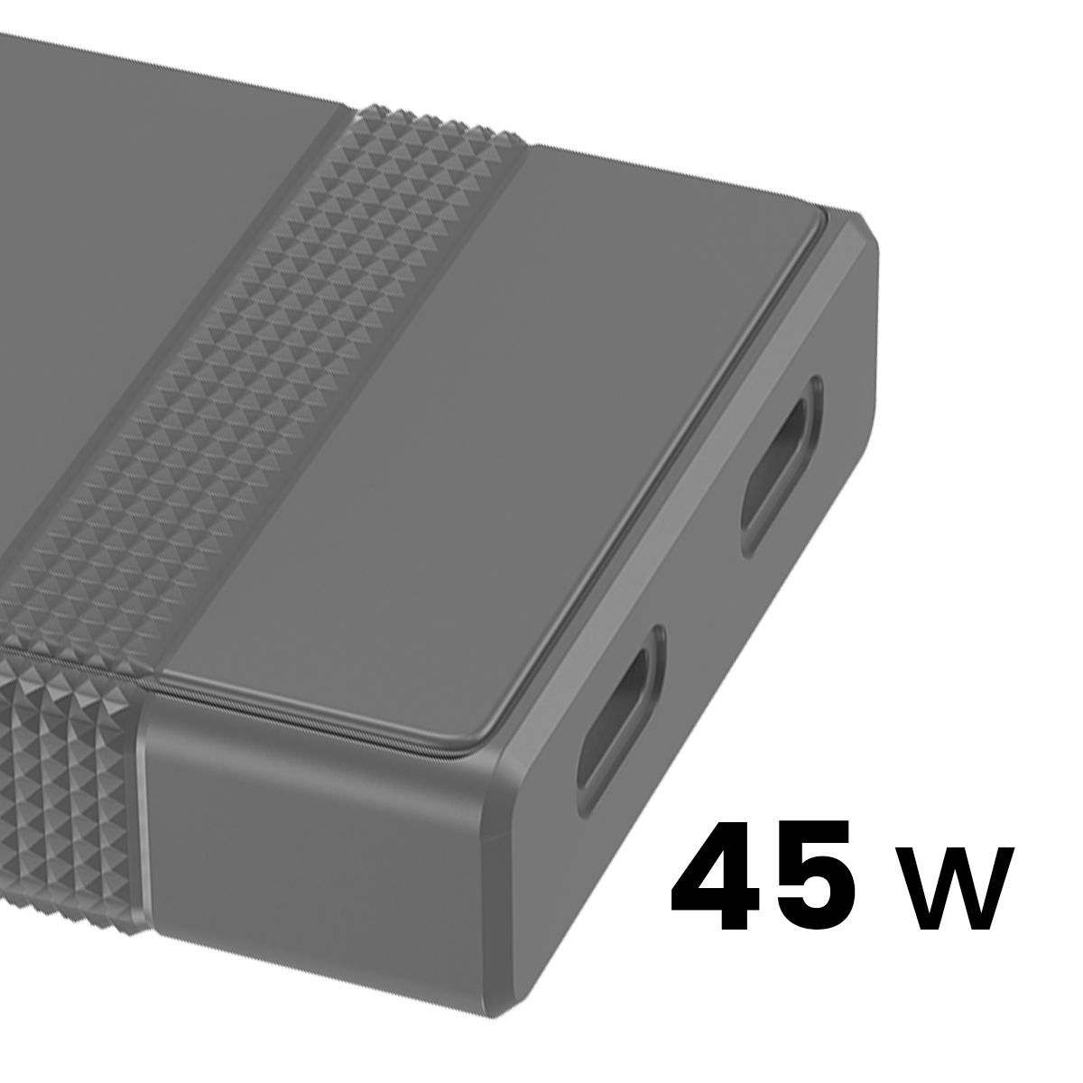 Caricatore grigio con due porte USB-C e scritta "45 W".