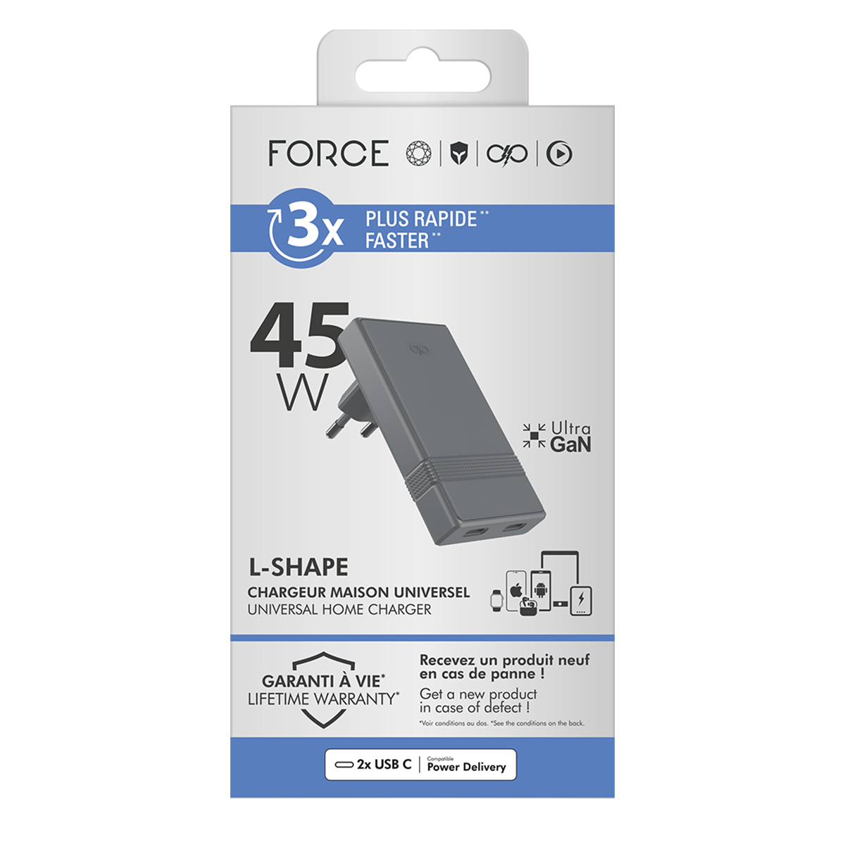 Confezione di un caricabatterie universale 45W a L-Shape con 2x USB-C.