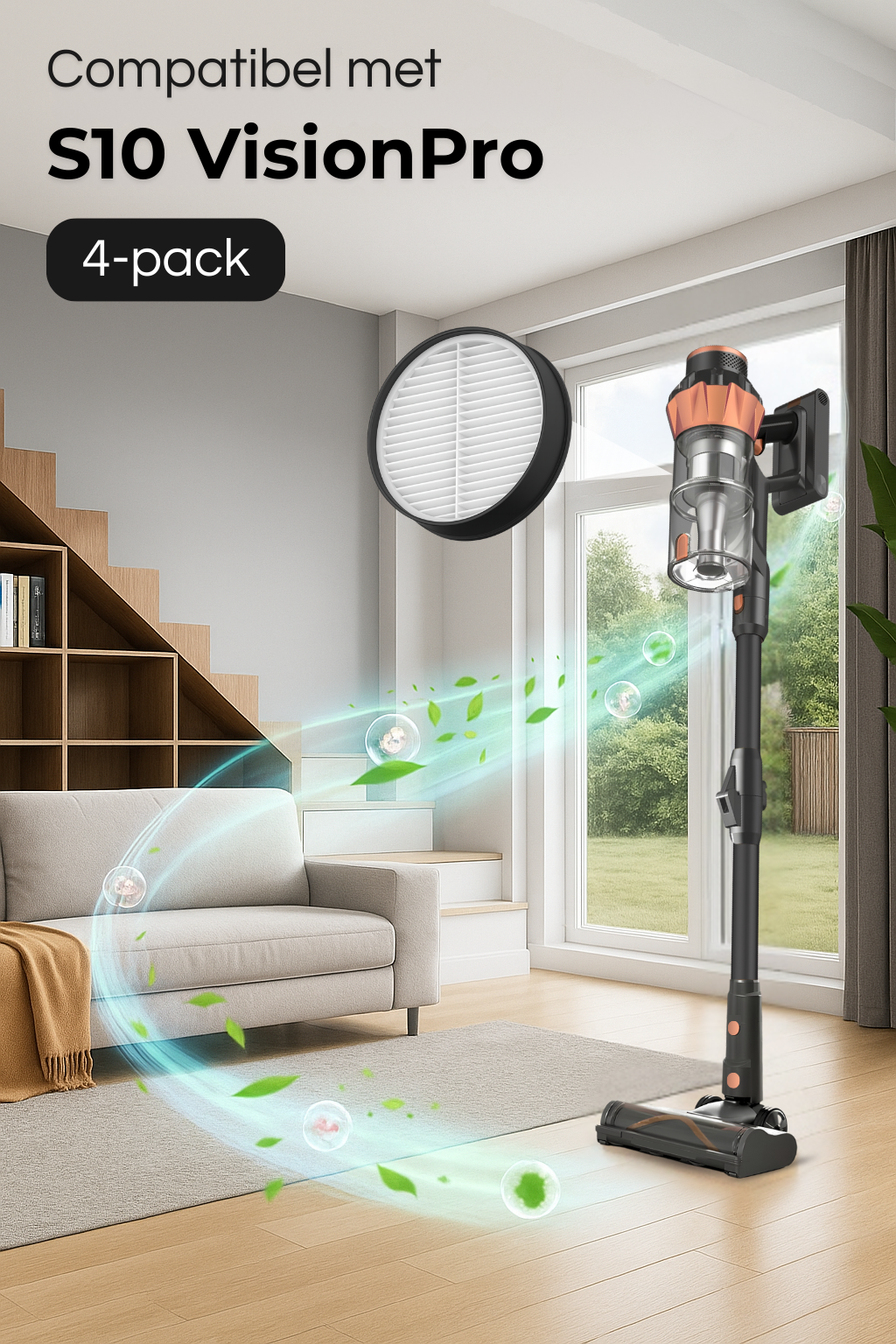 A cordless vacuum cleaner with orange accents stands in a living room.