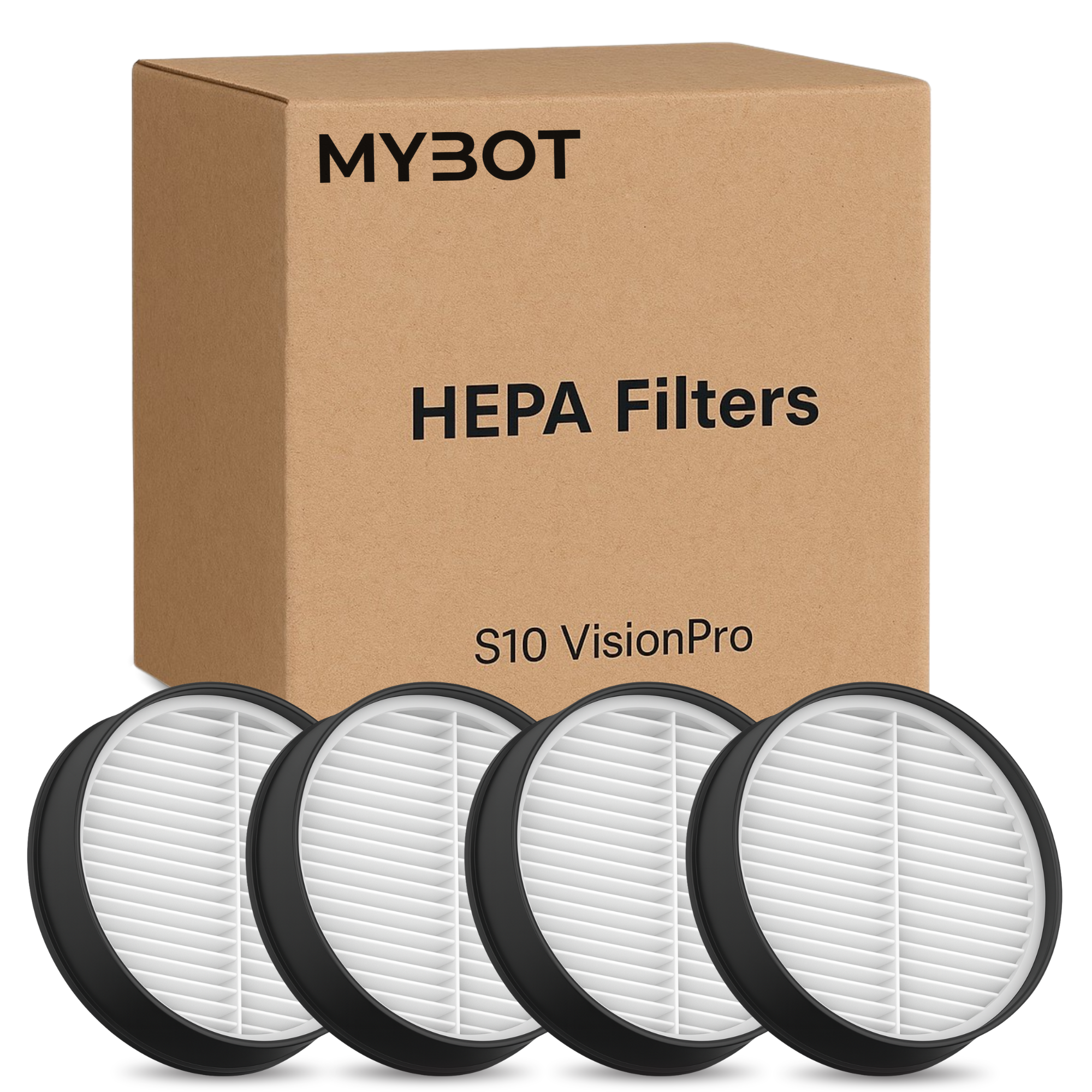 A brown box labeled MYBOT HEPA Filters S10 VisionPro with four filters.