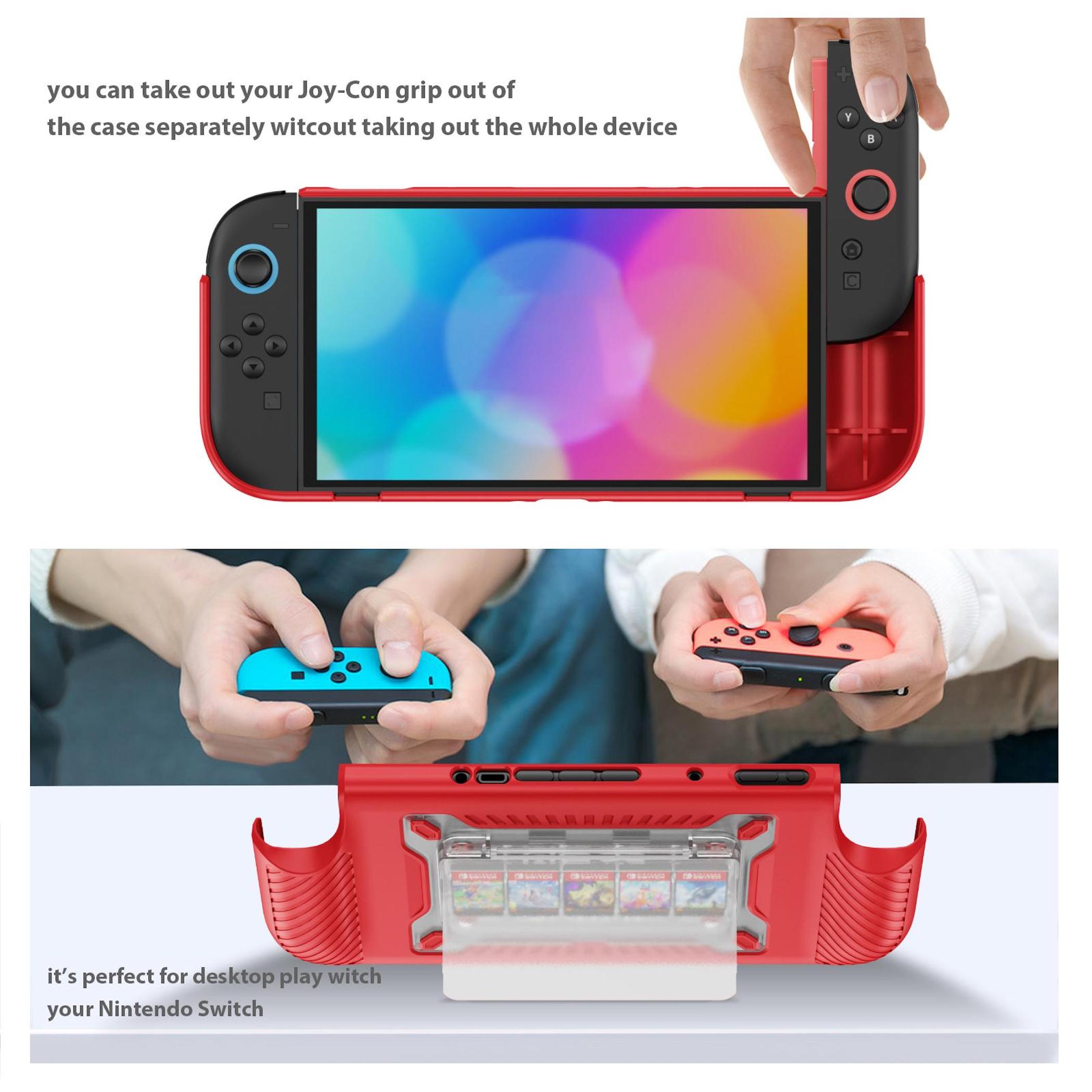 Una persona inserta un agarre Joy-Con rojo en una funda roja de Nintendo Switch.