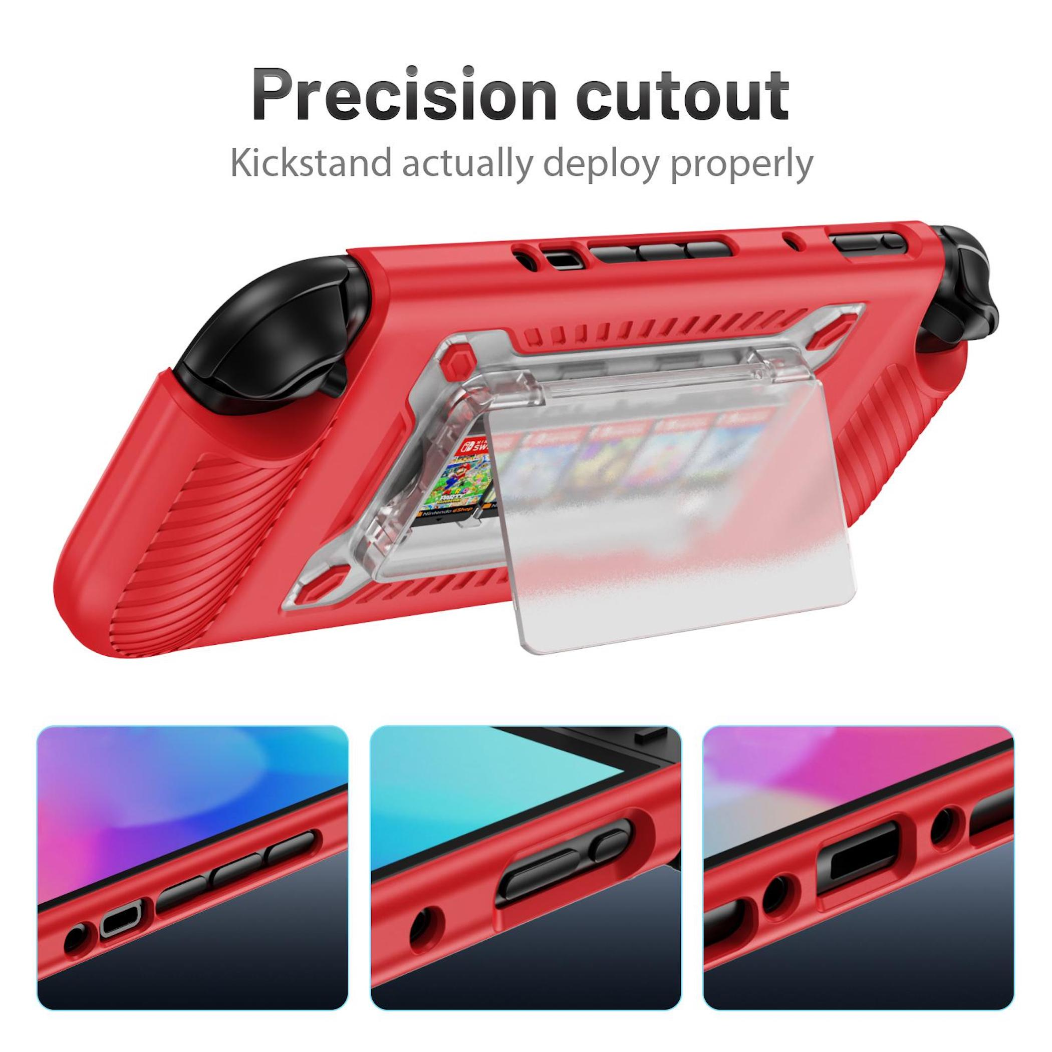 Funda roja para Nintendo Switch con soporte y recortes precisos.