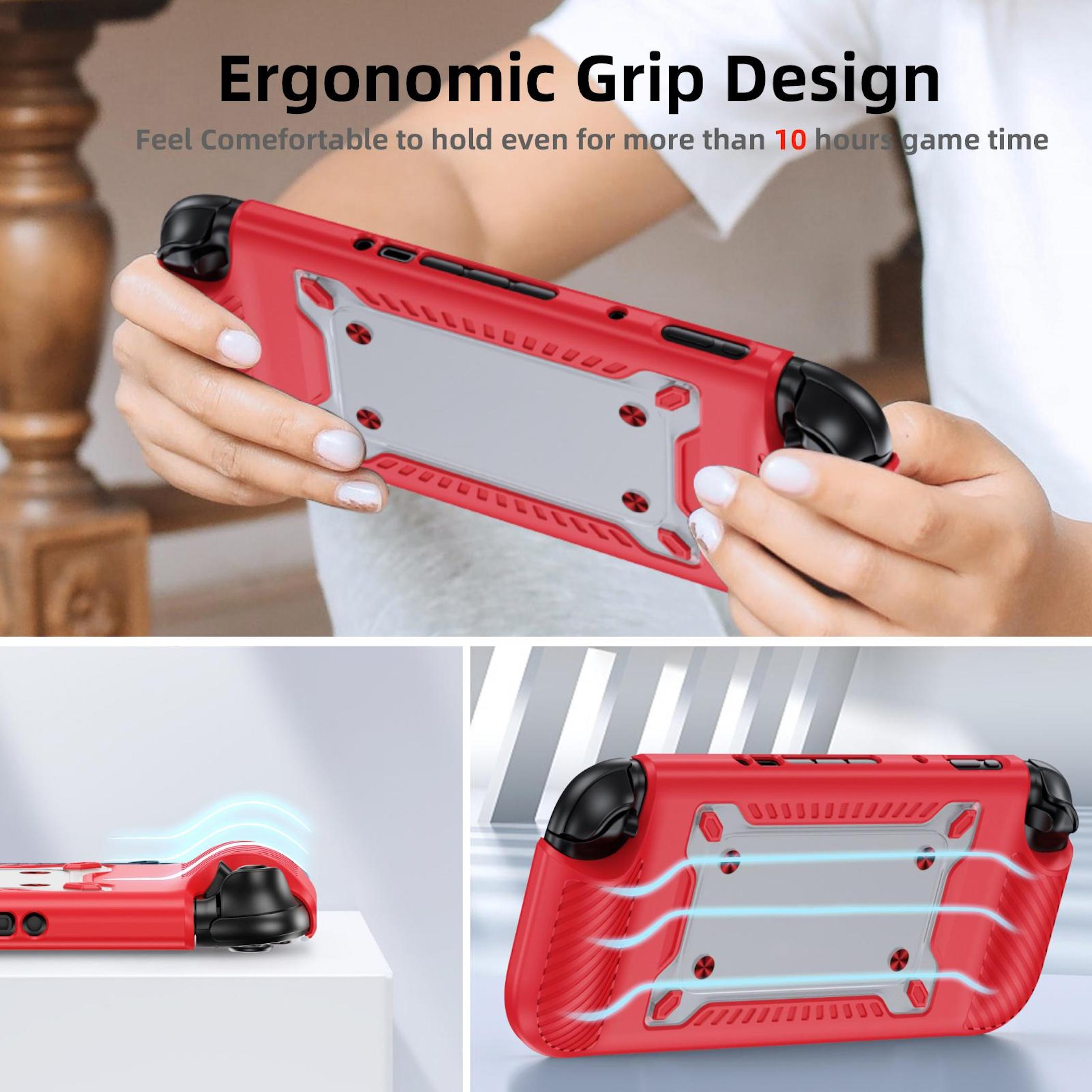 Funda roja para consola de juegos con diseño de agarre ergonómico y ventilación.