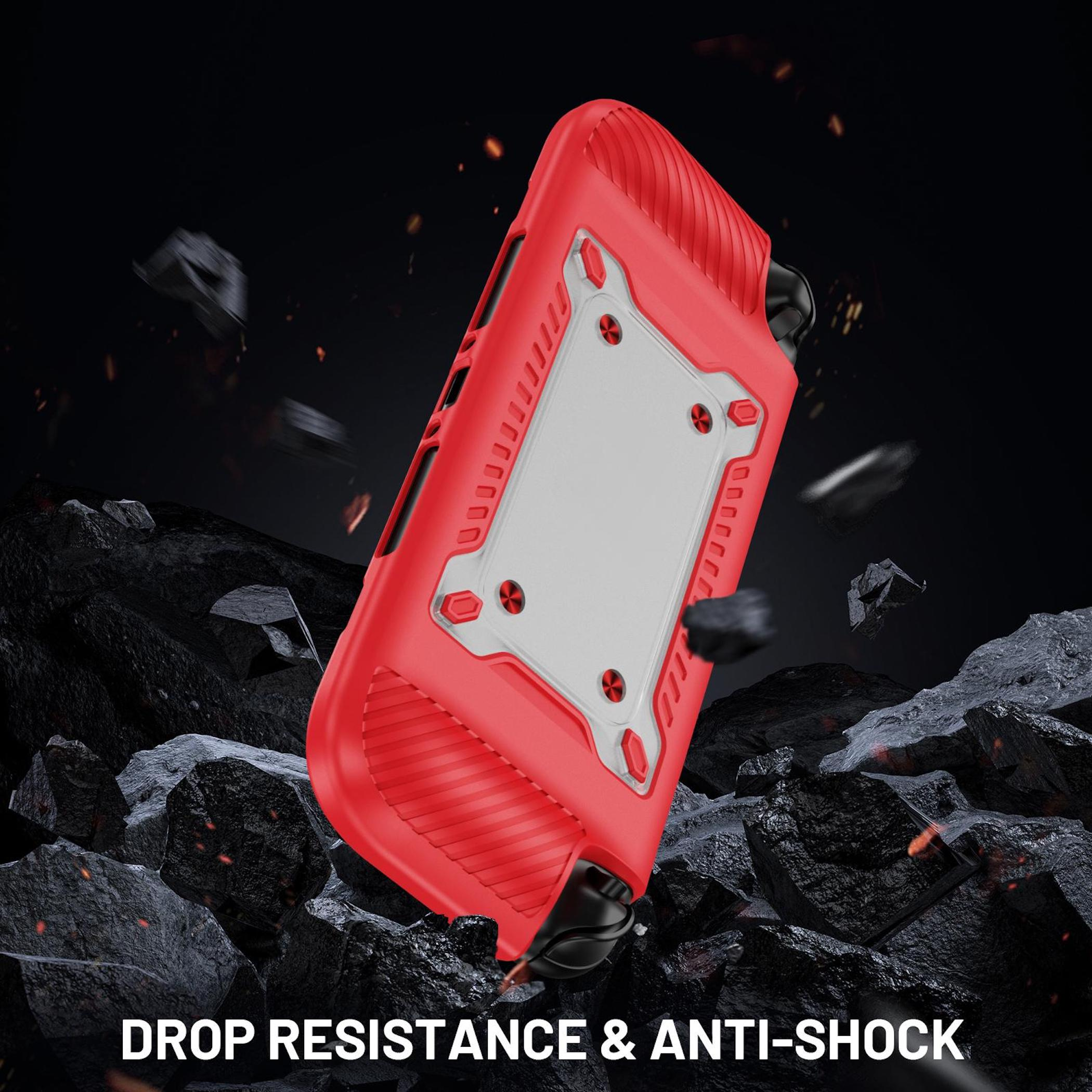 Funda roja flota sobre rocas oscuras, con chispas y escombros.