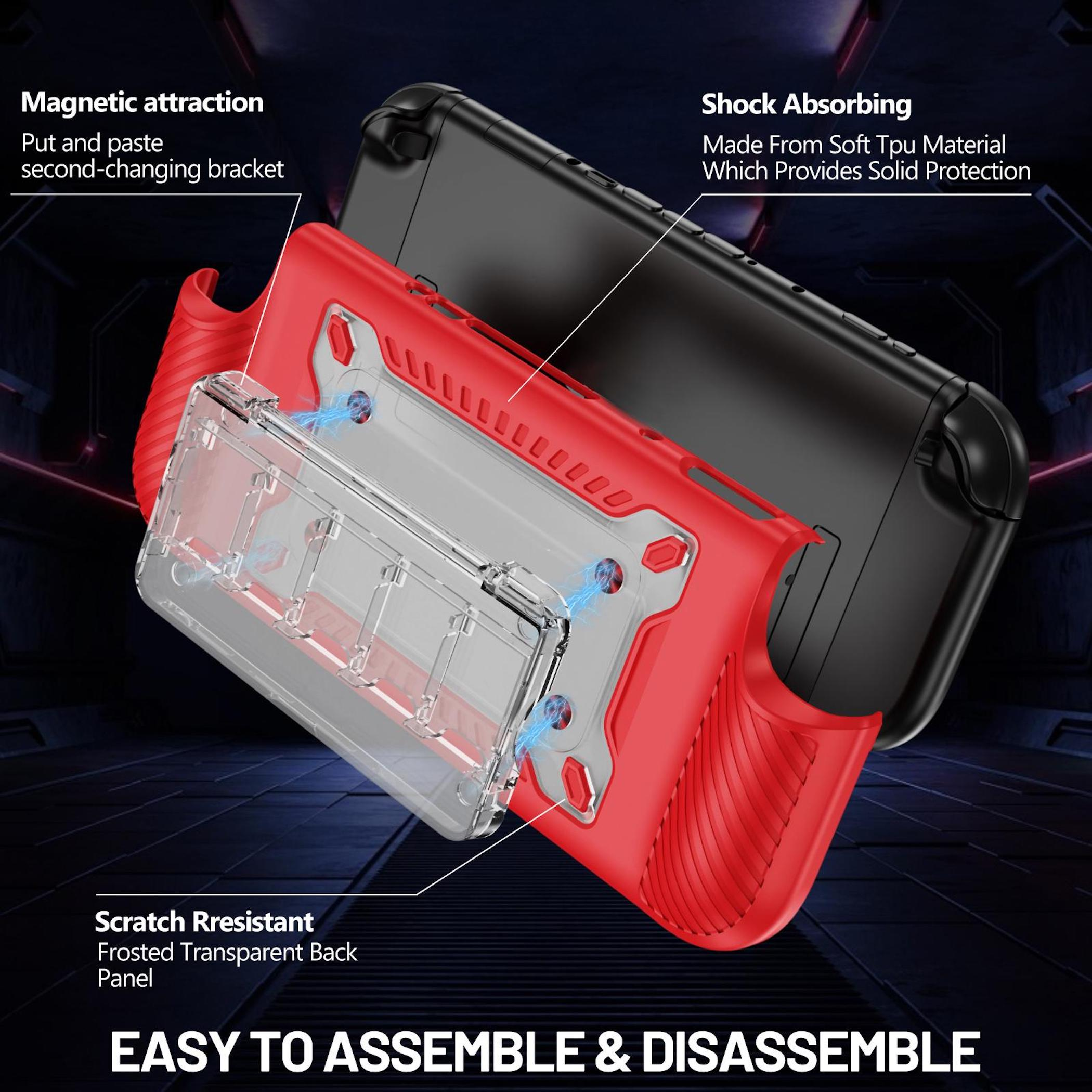 Funda roja y negra para consola de juegos con panel trasero transparente.
