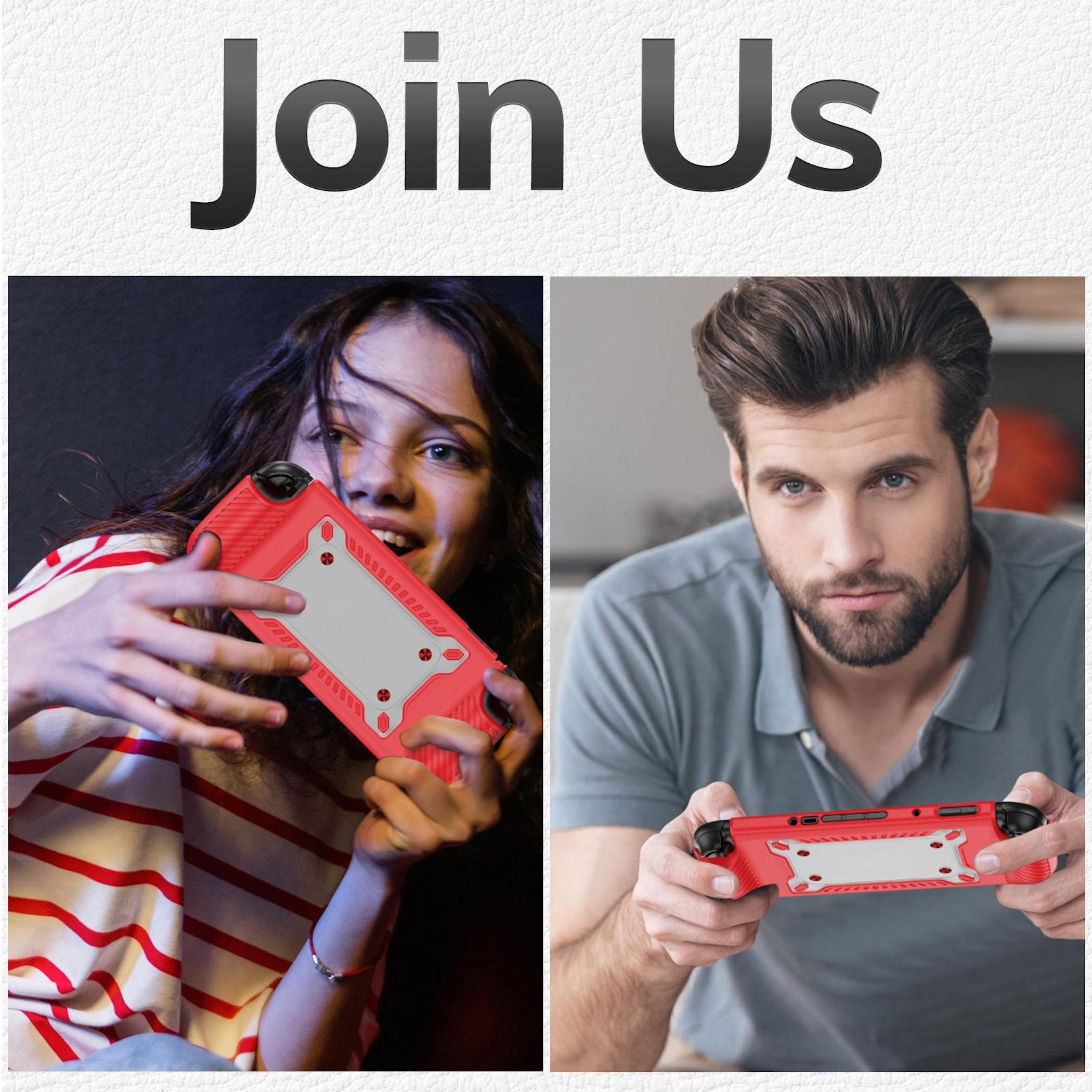 Dos personas sostienen un dispositivo de juego rojo. Texto 'Join Us' arriba.
