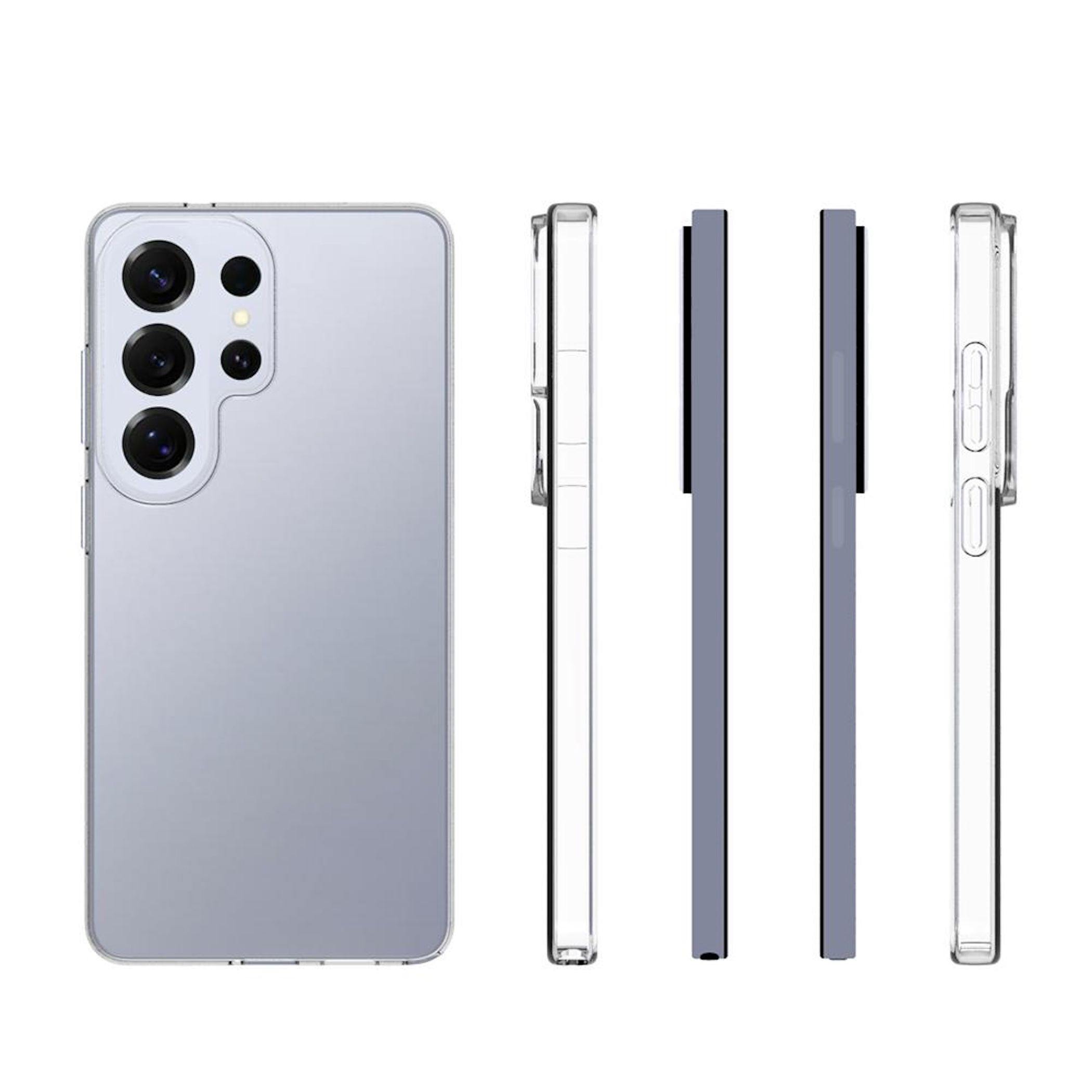 Transparente Hülle für ein Smartphone mit vier Kameras auf der Rückseite.