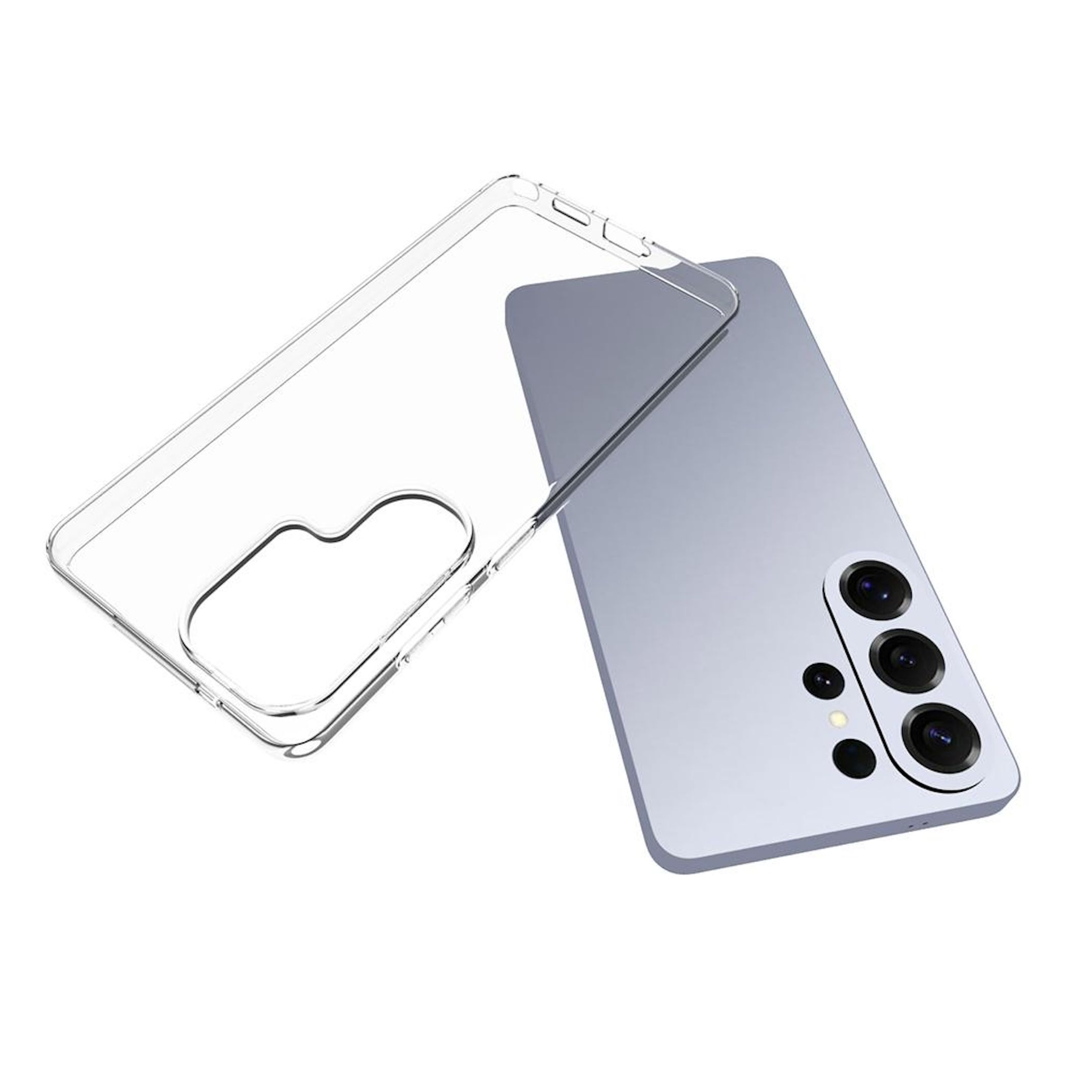 Ein transparenter Handykoffer liegt neben einem hellvioletten Smartphone.