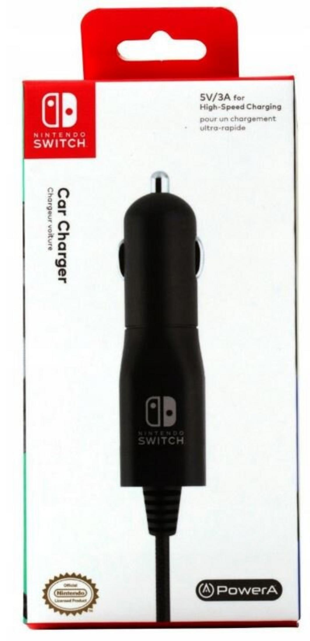 Caricabatterie auto nero Nintendo Switch con logo PowerA sulla confezione.