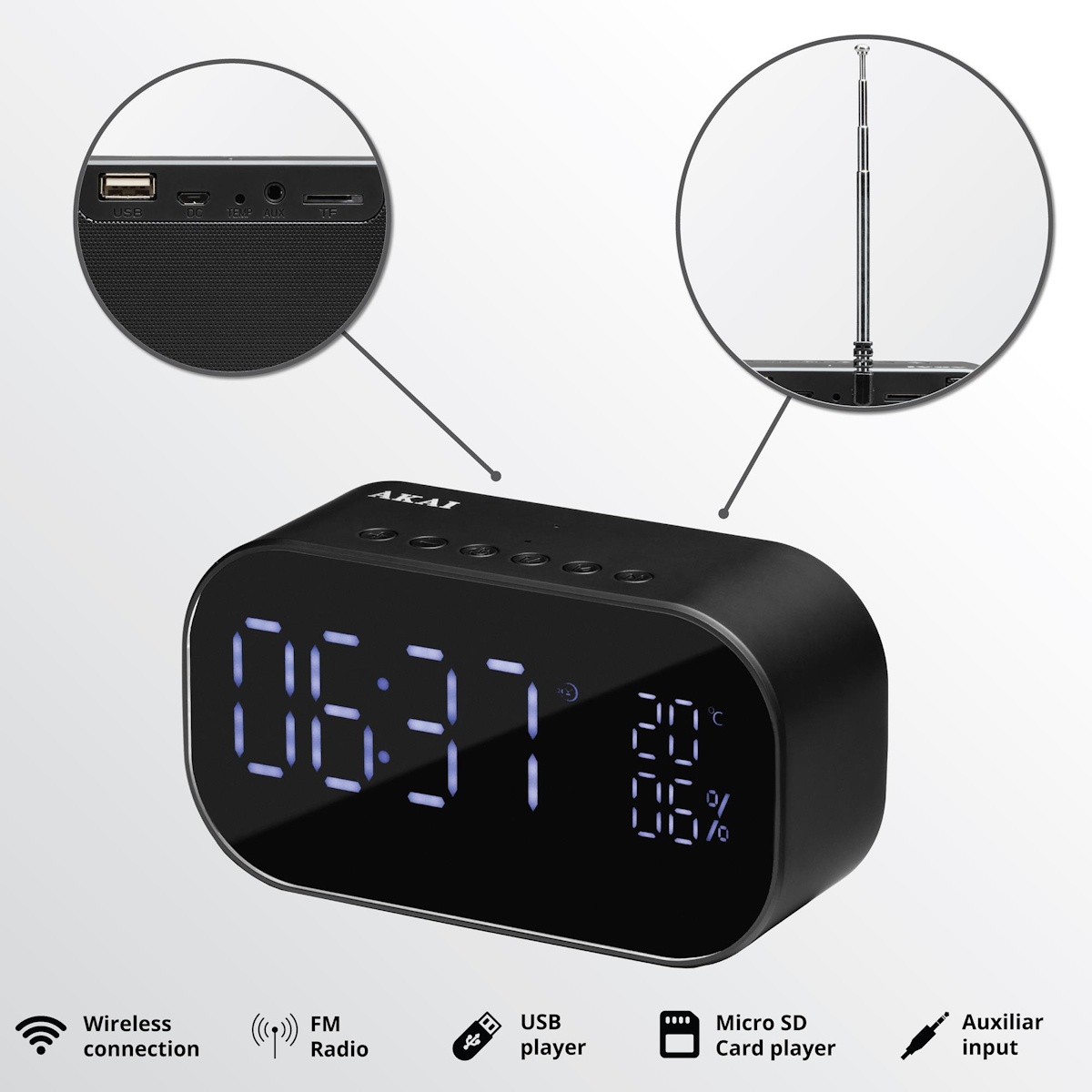 Czarny zegar cyfrowy z radiem FM, USB, kartą SD i wejściem Aux.