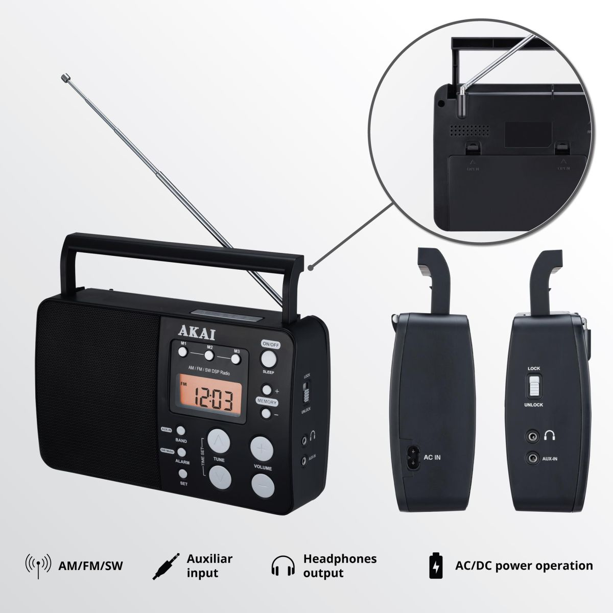 Czarno-białe radio AKAI z wysuwaną anteną, wyświetlaczem LCD i przyciskami.