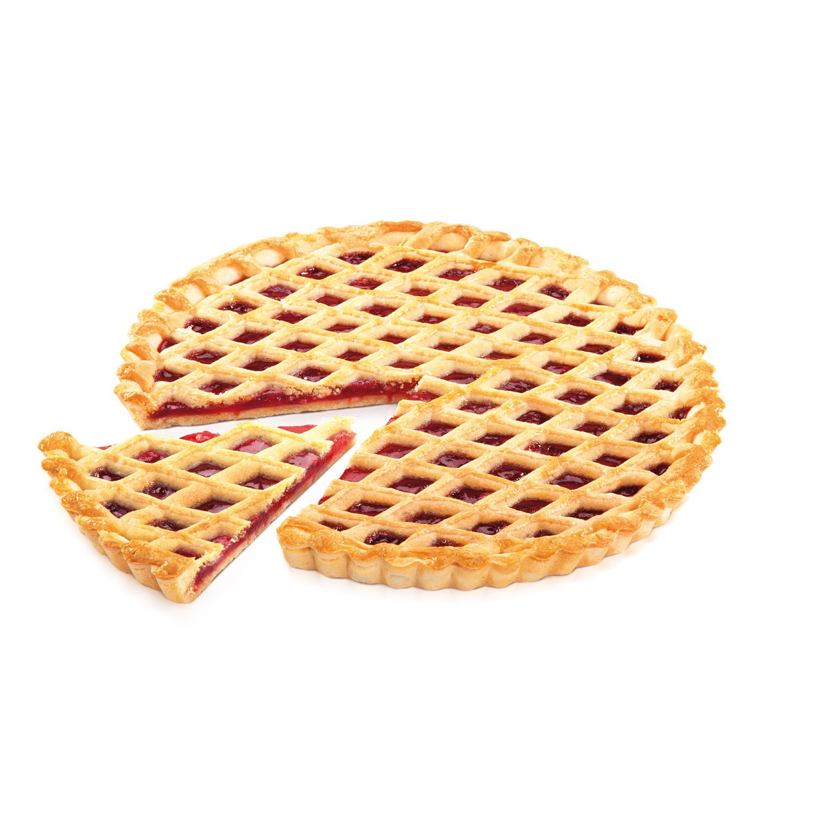 Ein Gitterkuchen mit roter Füllung, ein Stück abgetrennt.