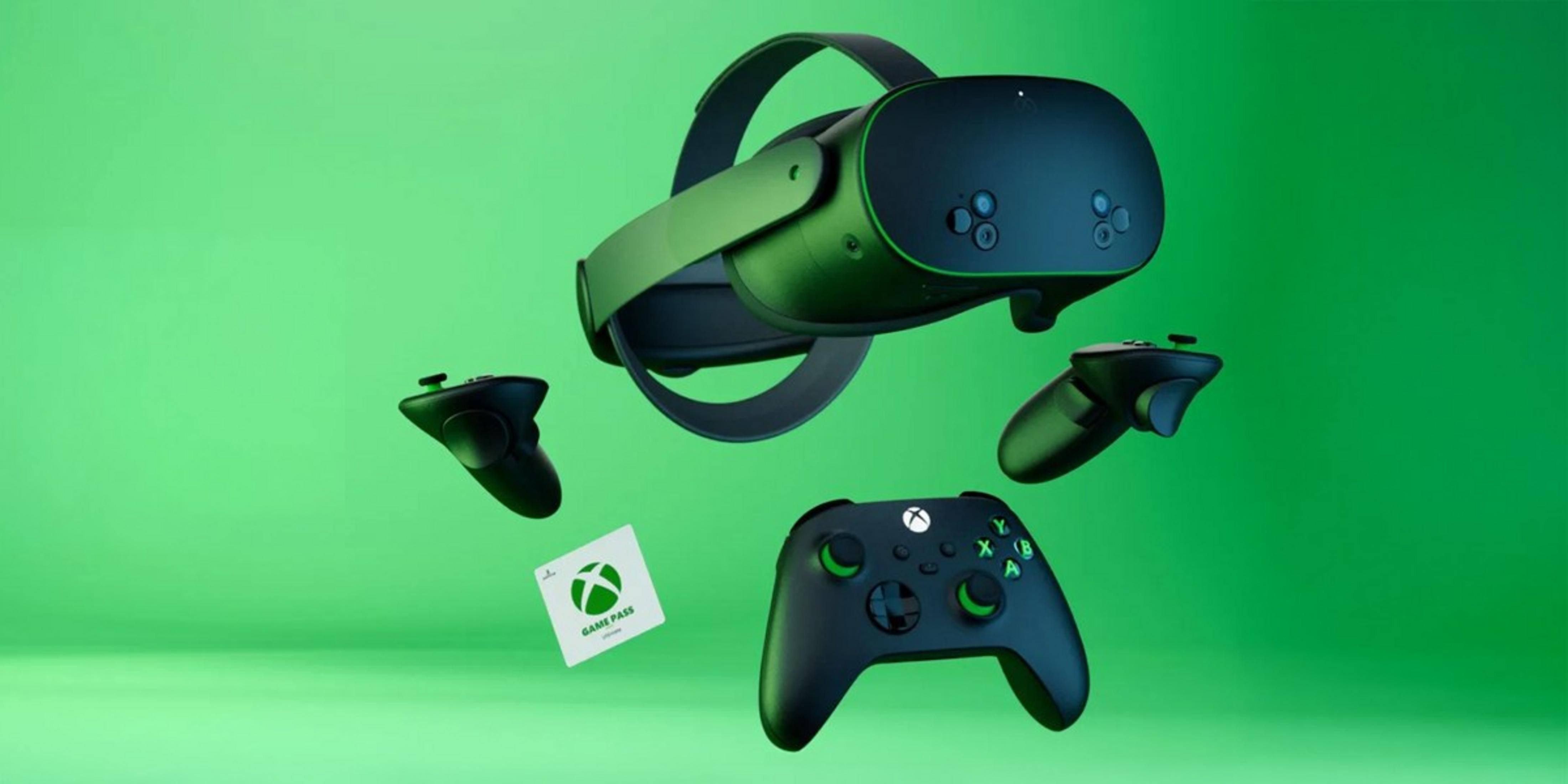 Uniwersalny zestaw VR, kontrolery i karta Game Pass unoszą się.