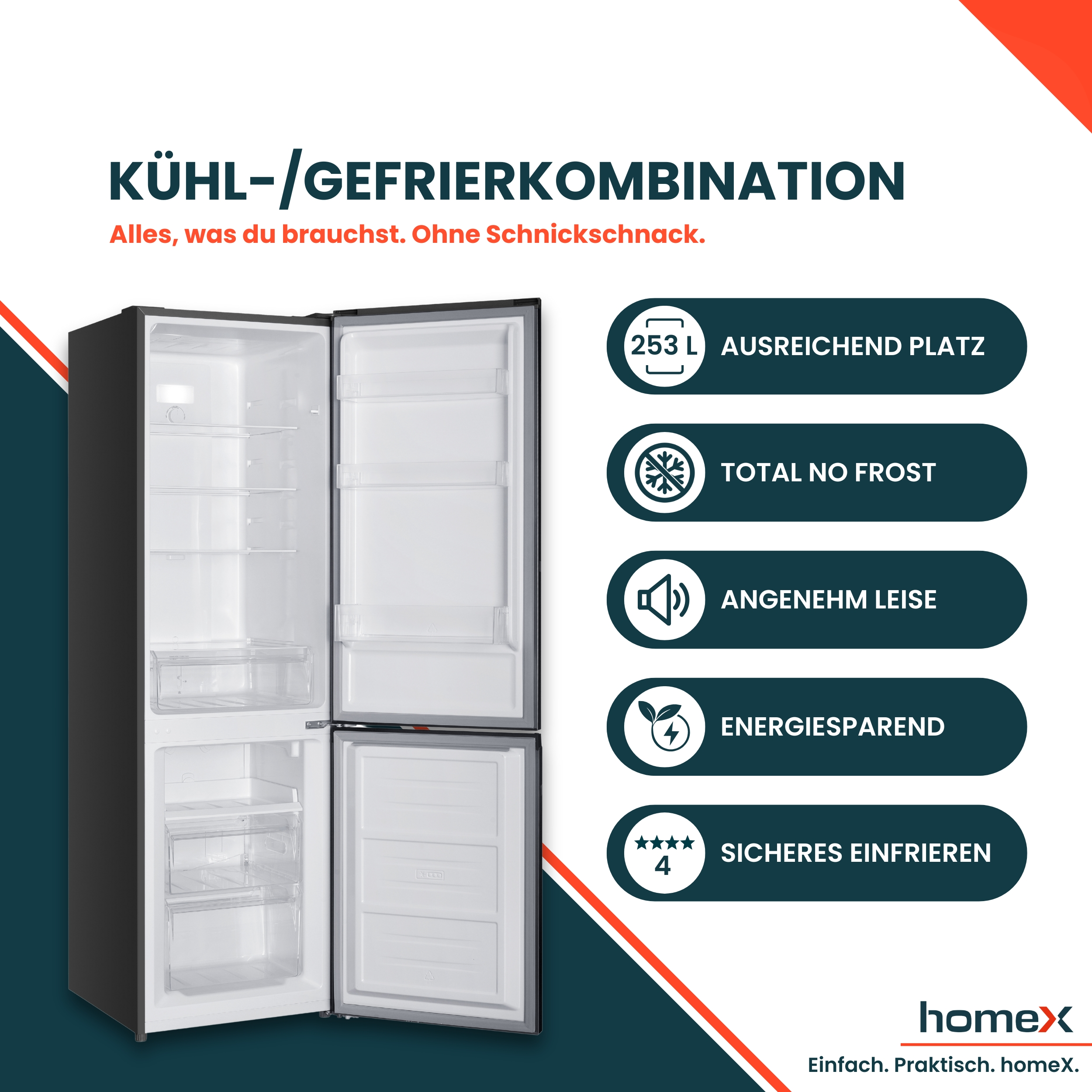 Ein offener Kühl-/Gefrierschrank mit Regalen und Schubladen.