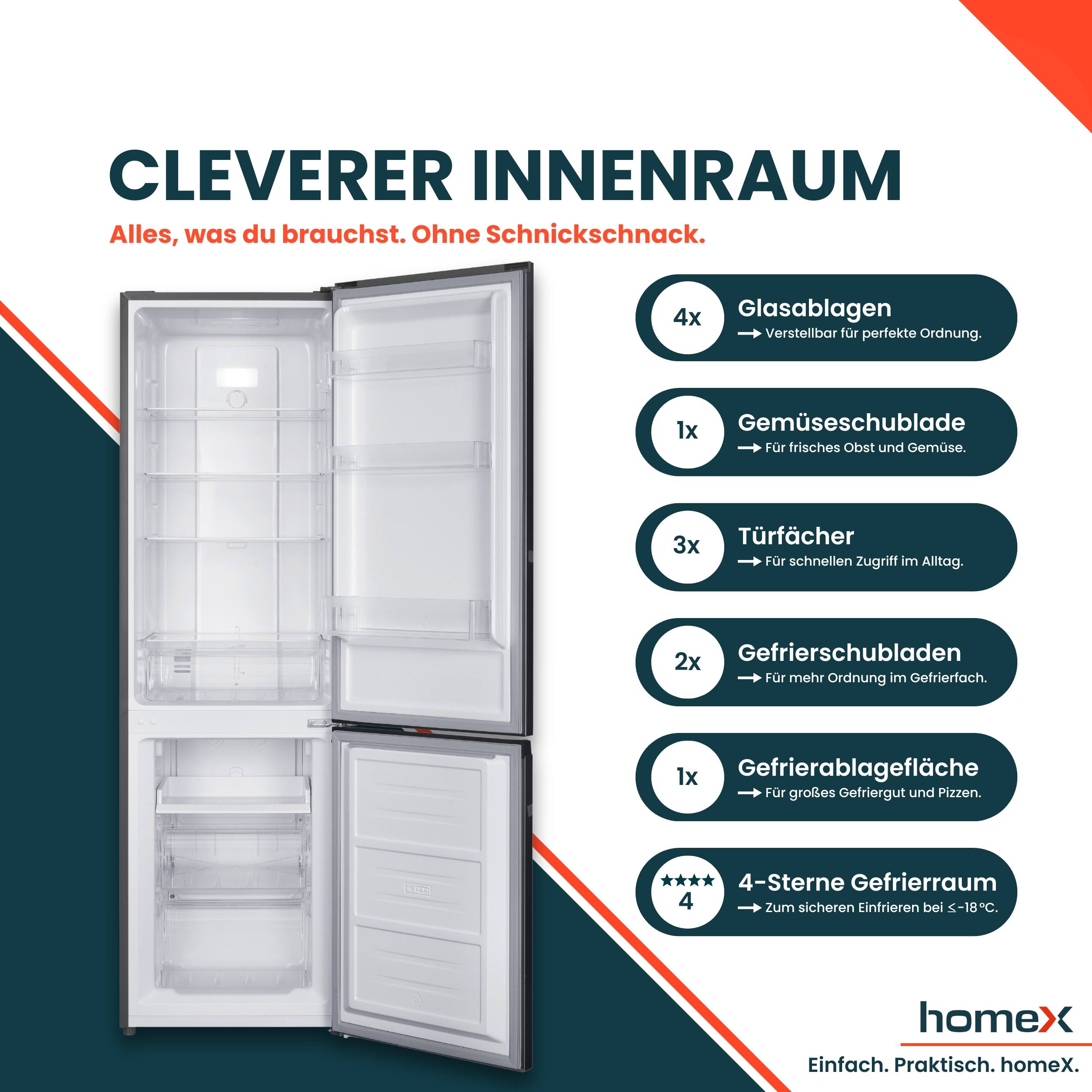 Ein offener Kühlschrank mit Glasablagen, Gemüseschublade, Türfächern und Gefrierschubladen.