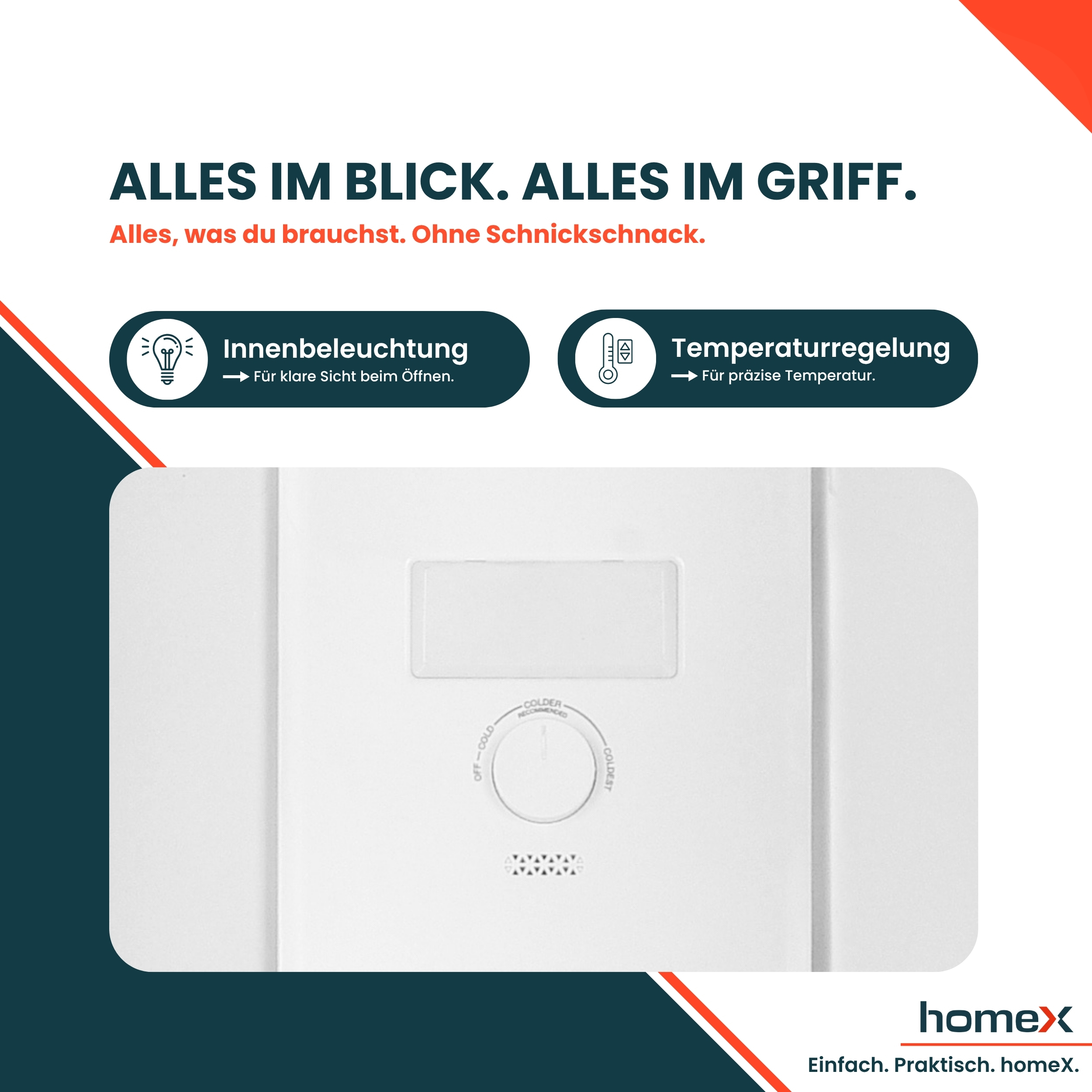 Nahaufnahme eines weißen Bedienfelds mit Temperaturregler und Symbolen für Beleuchtung und Temperatur.