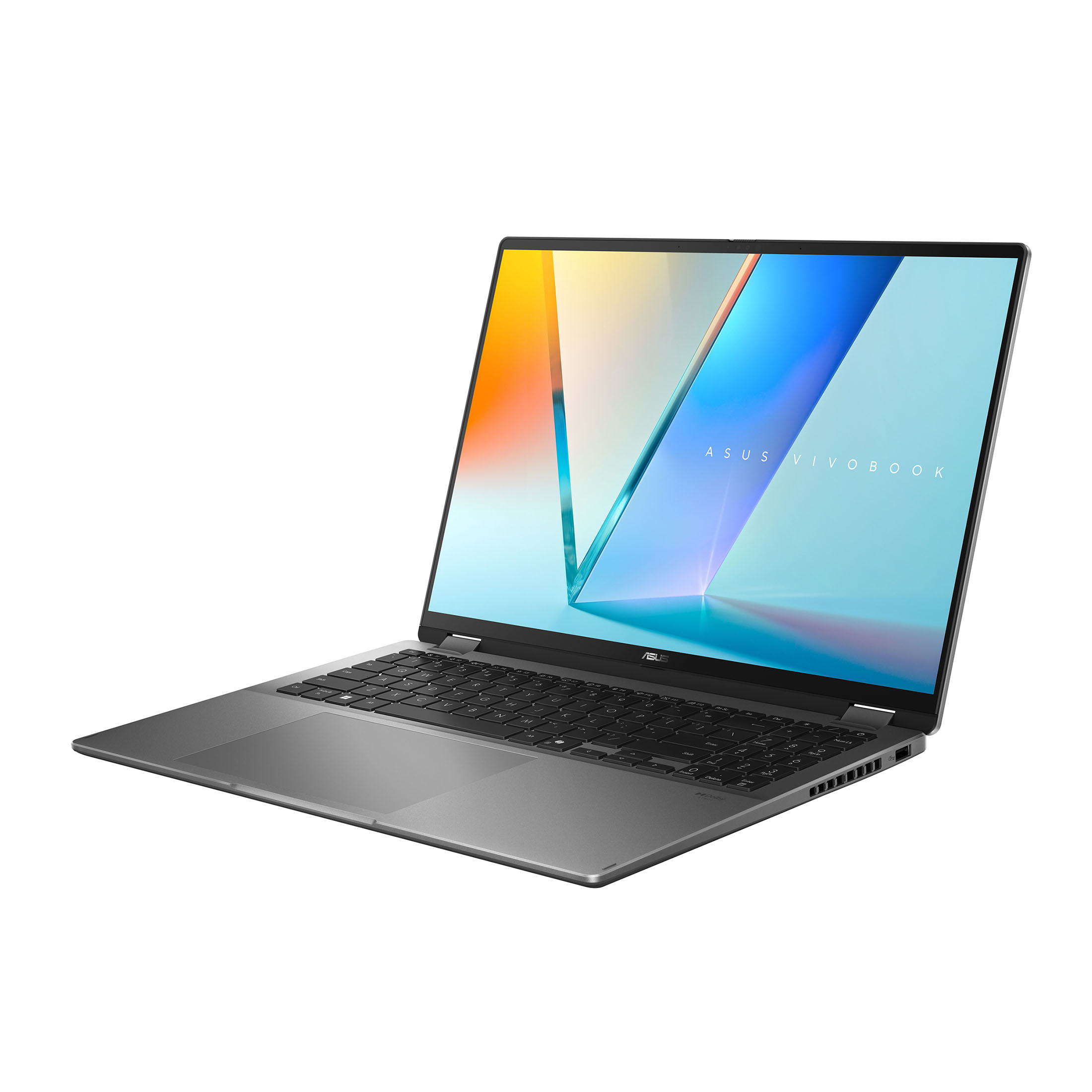 Ein silberner Laptop mit beleuchtetem Bildschirm, der ein abstraktes Muster zeigt.