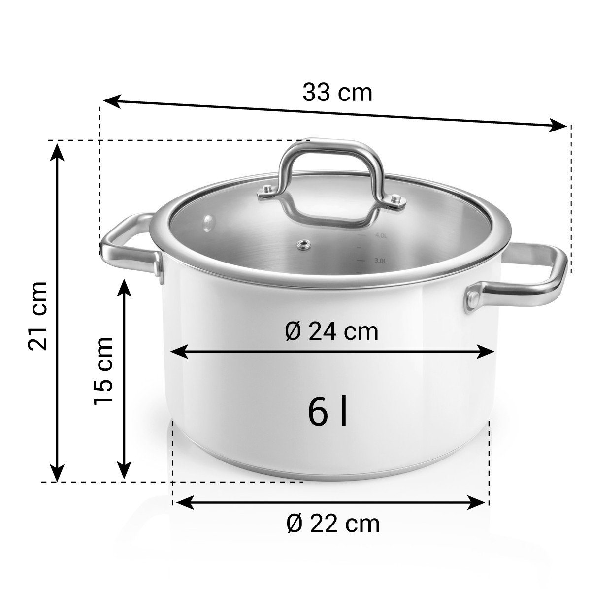 Weißer Topf mit Glasdeckel, 6l, Ø 24cm, Höhe 21cm, Länge 33cm.