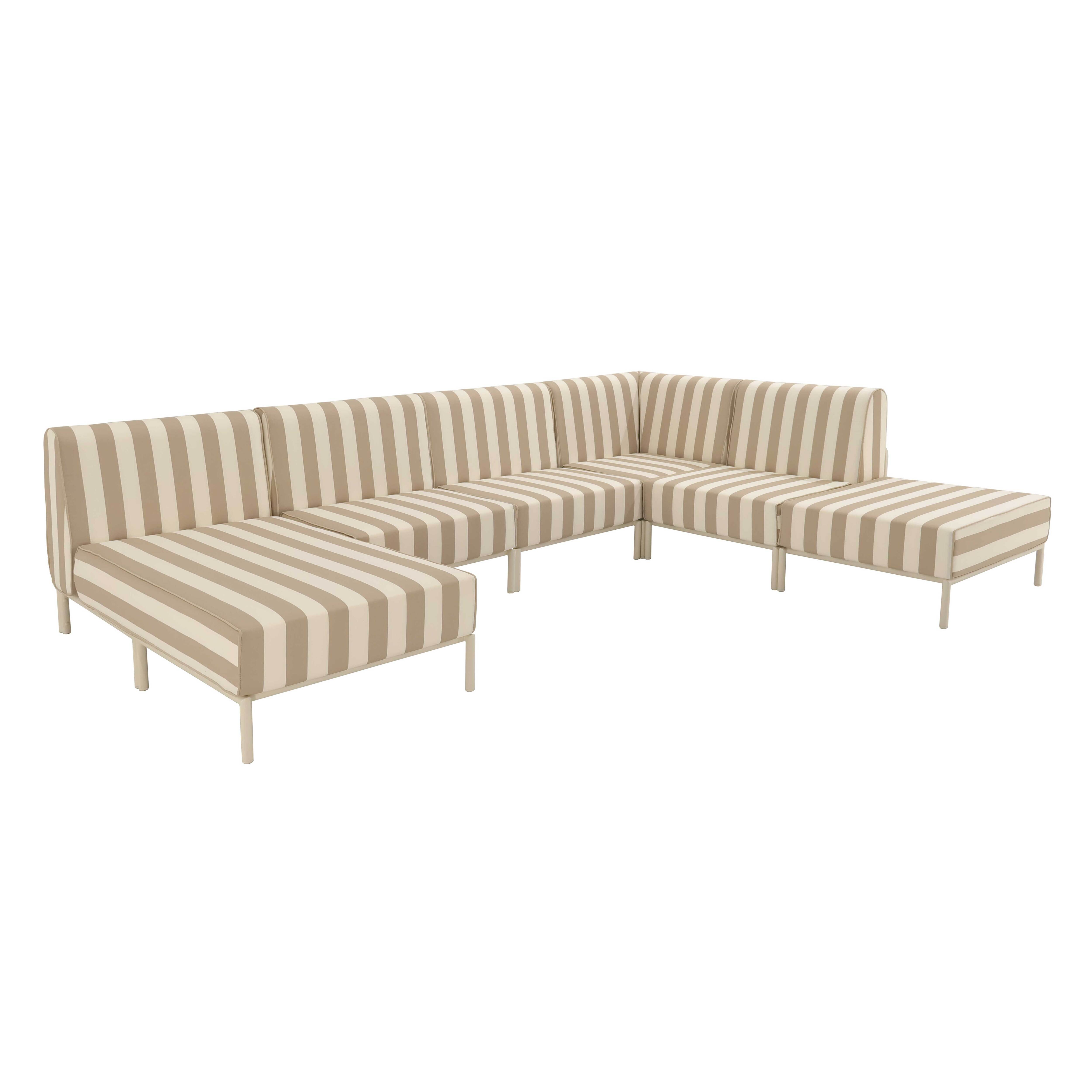 Ein gestreiftes Ecksofa mit hellen und dunklen Streifen auf einem weißen Hintergrund.
