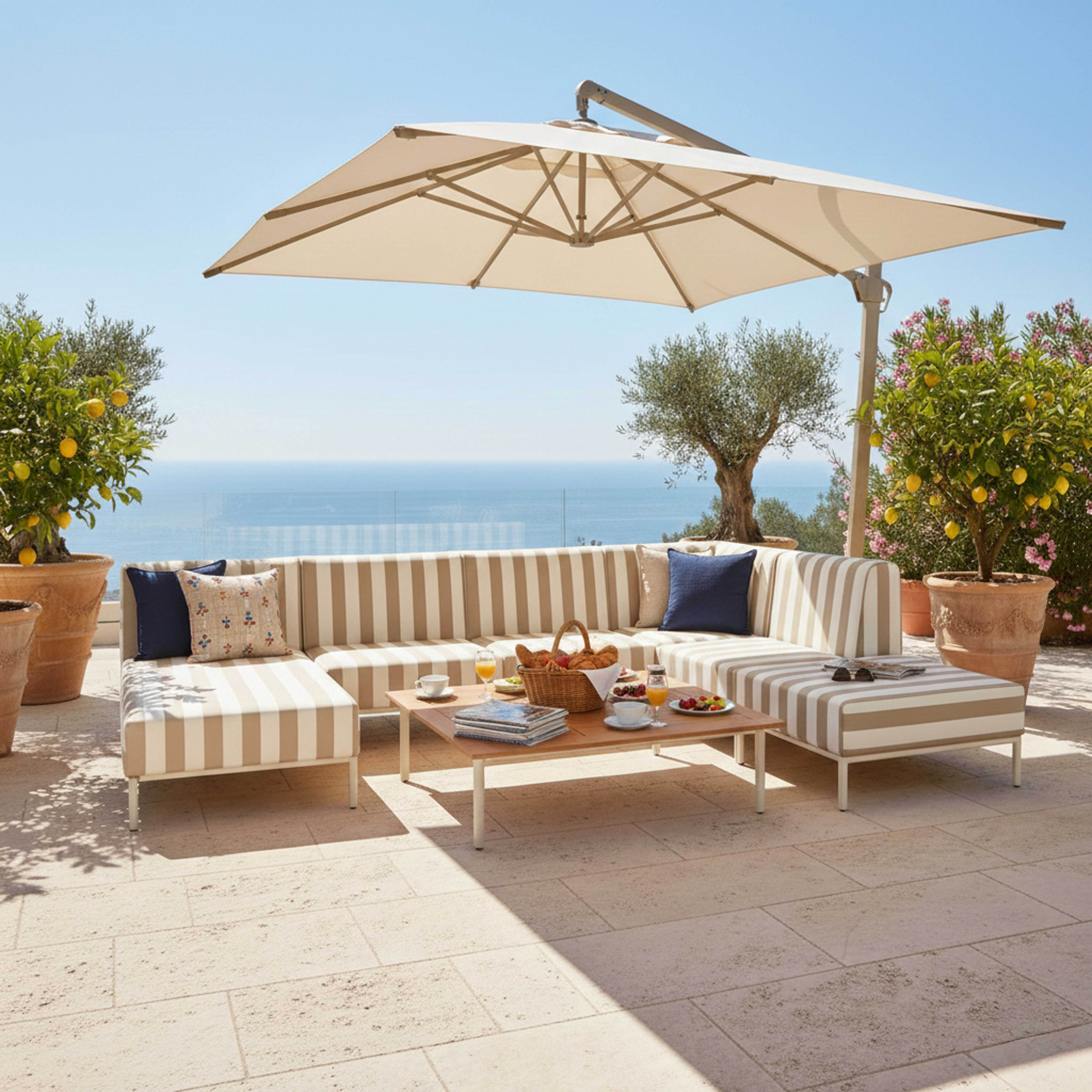 Gestreifte Lounge-Möbel mit Kaffeetisch, Obst und Sonnenschirm am Meer.